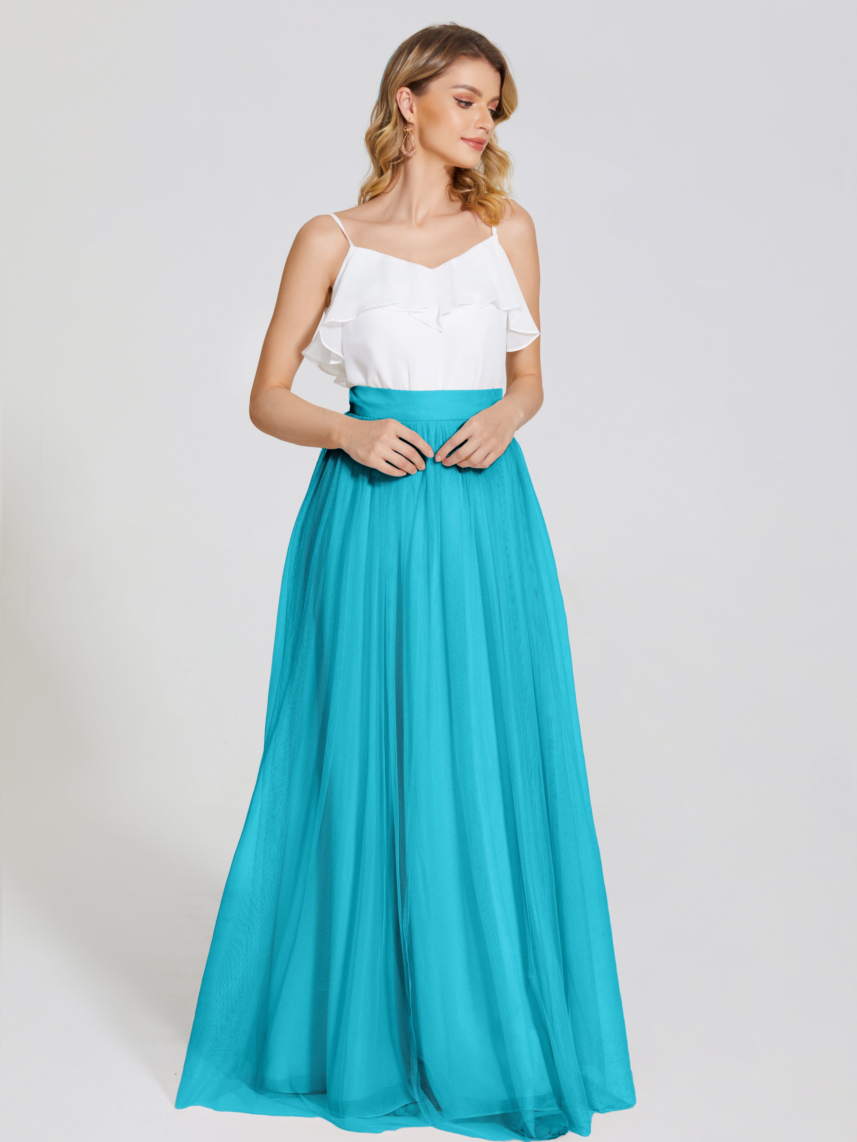 Robes De Demoiselle D'Honneur Vert Jade Deux Pièces Trapèze Longue Tulle Jupe