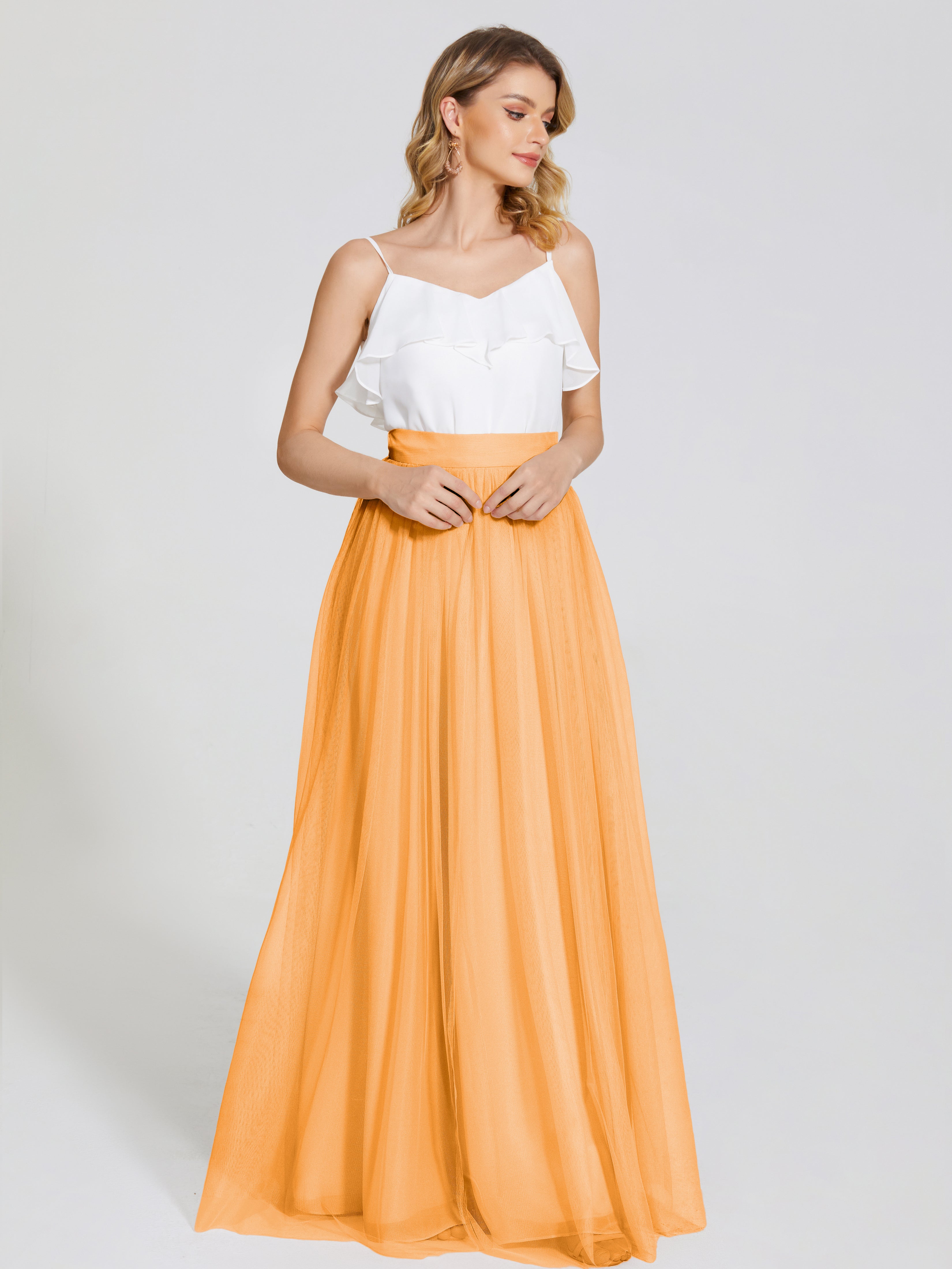 Robes De Demoiselle D'Honneur Mandarine Deux Pièces Trapèze Longue Tulle Jupe
