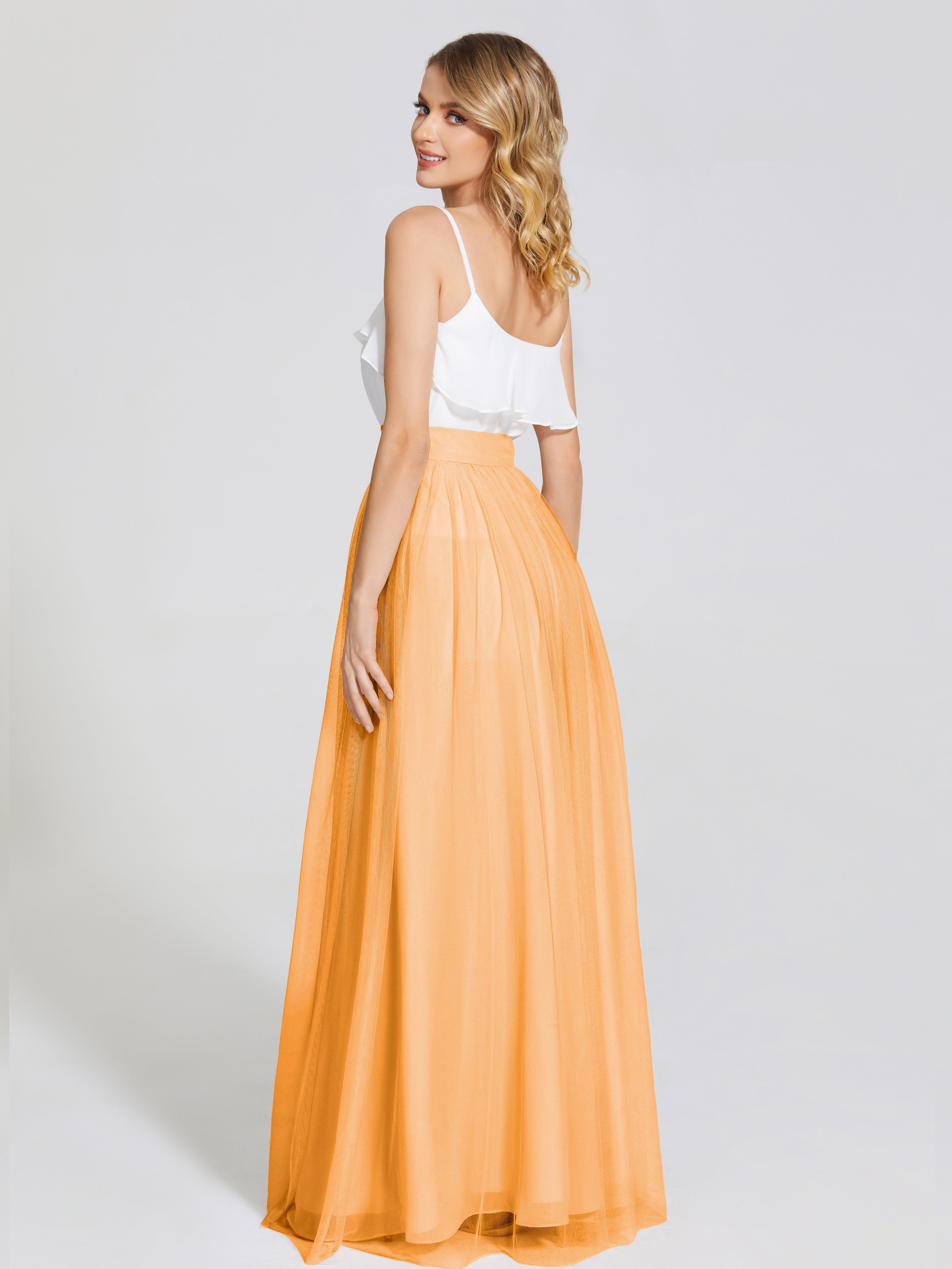 Robes De Demoiselle D'Honneur Mandarine Deux Pièces Trapèze Longue Tulle Jupe