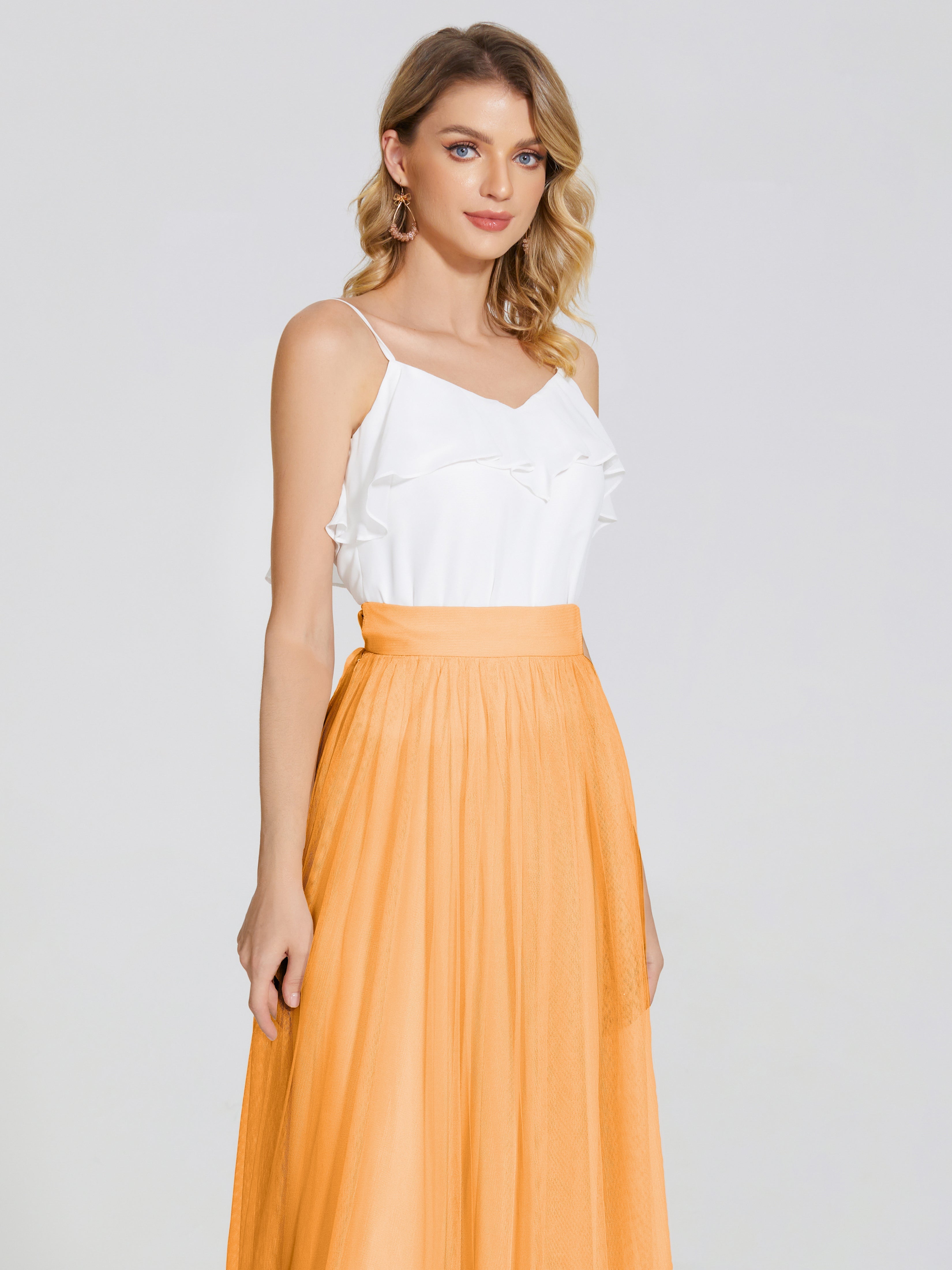 Robes De Demoiselle D'Honneur Mandarine Deux Pièces Trapèze Longue Tulle Jupe