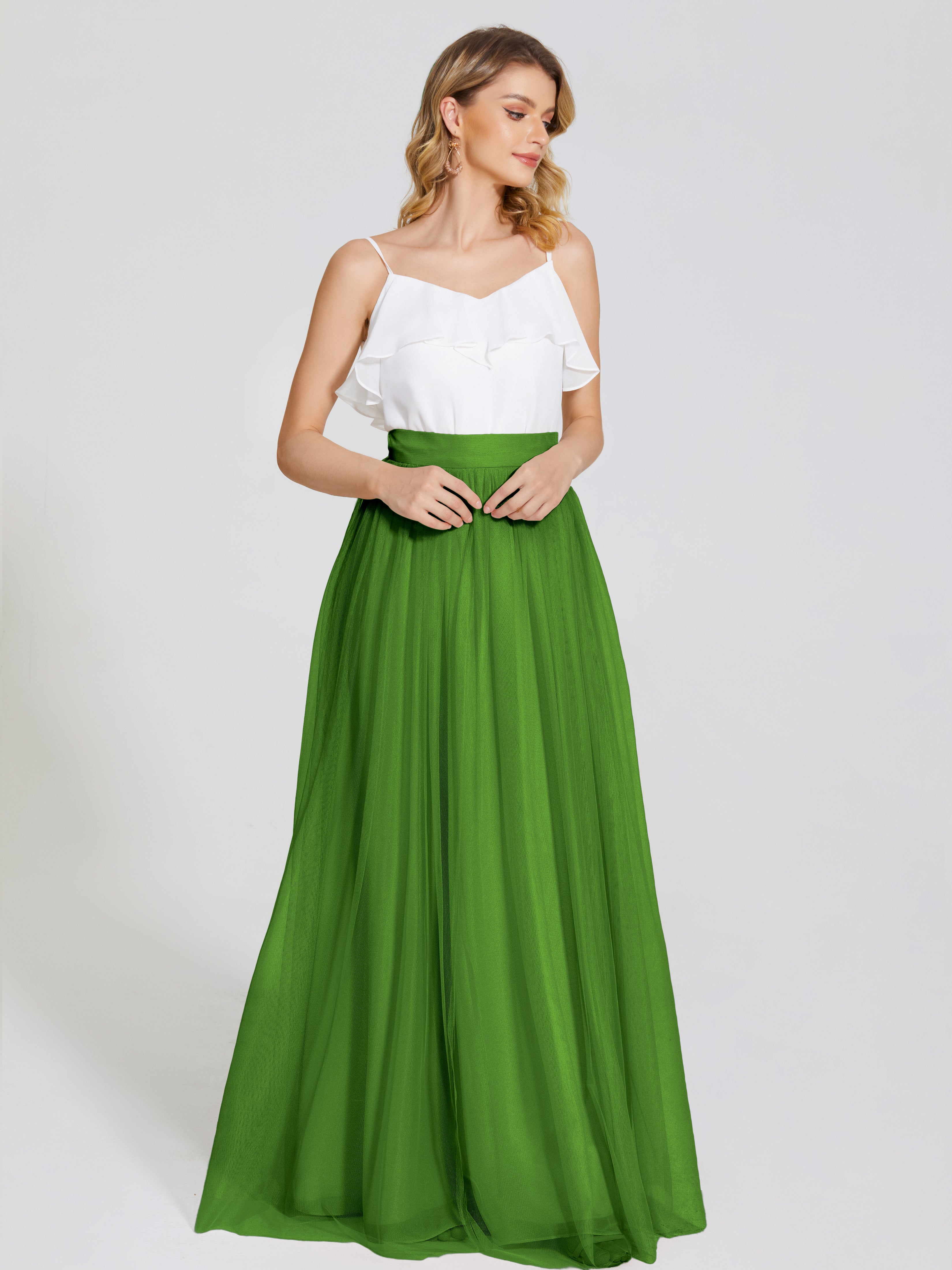 Robes De Demoiselle D'Honneur Vert Mousse Deux Pièces Trapèze Longue Tulle Jupe