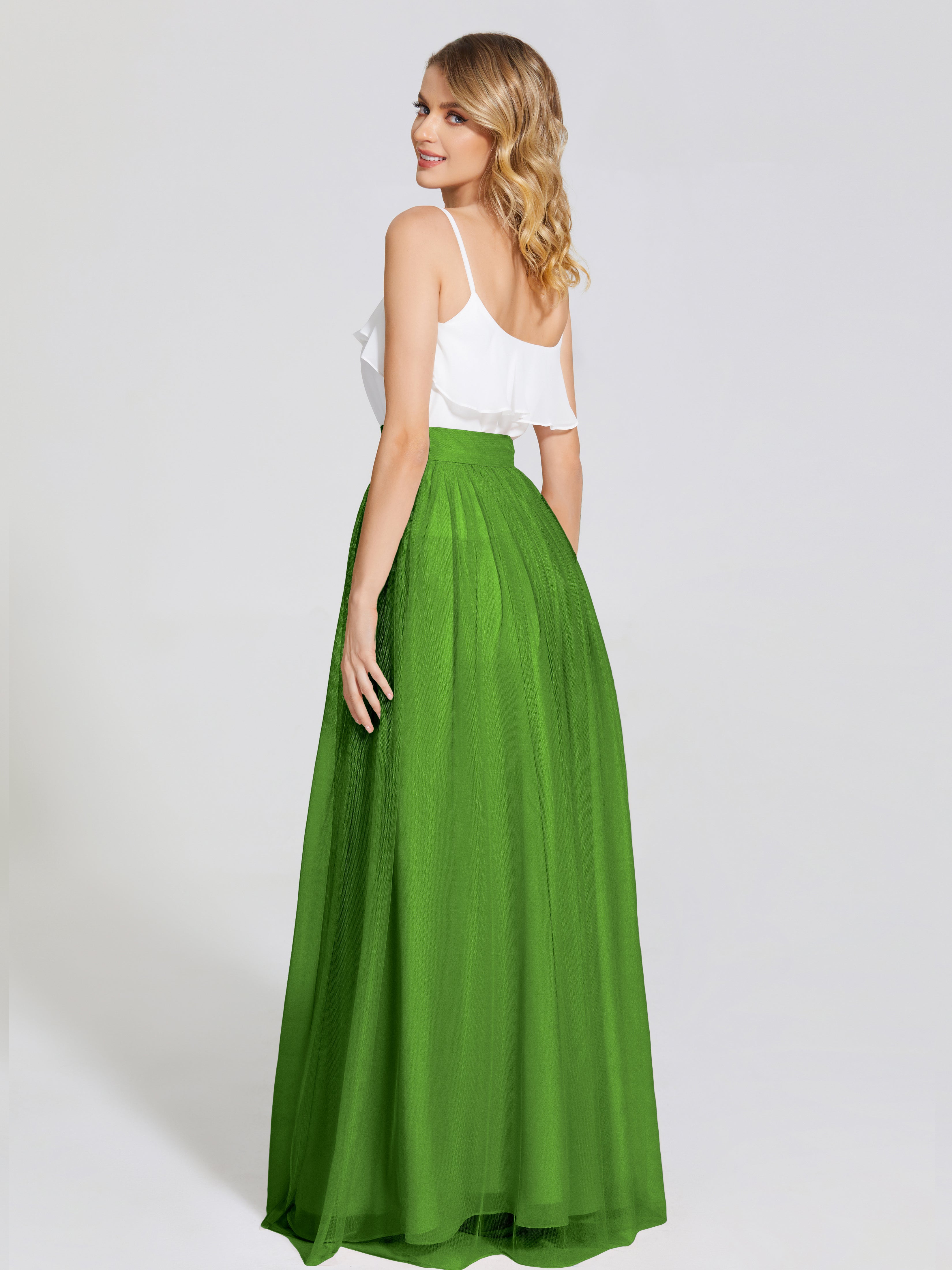 Robes De Demoiselle D'Honneur Vert Mousse Deux Pièces Trapèze Longue Tulle Jupe