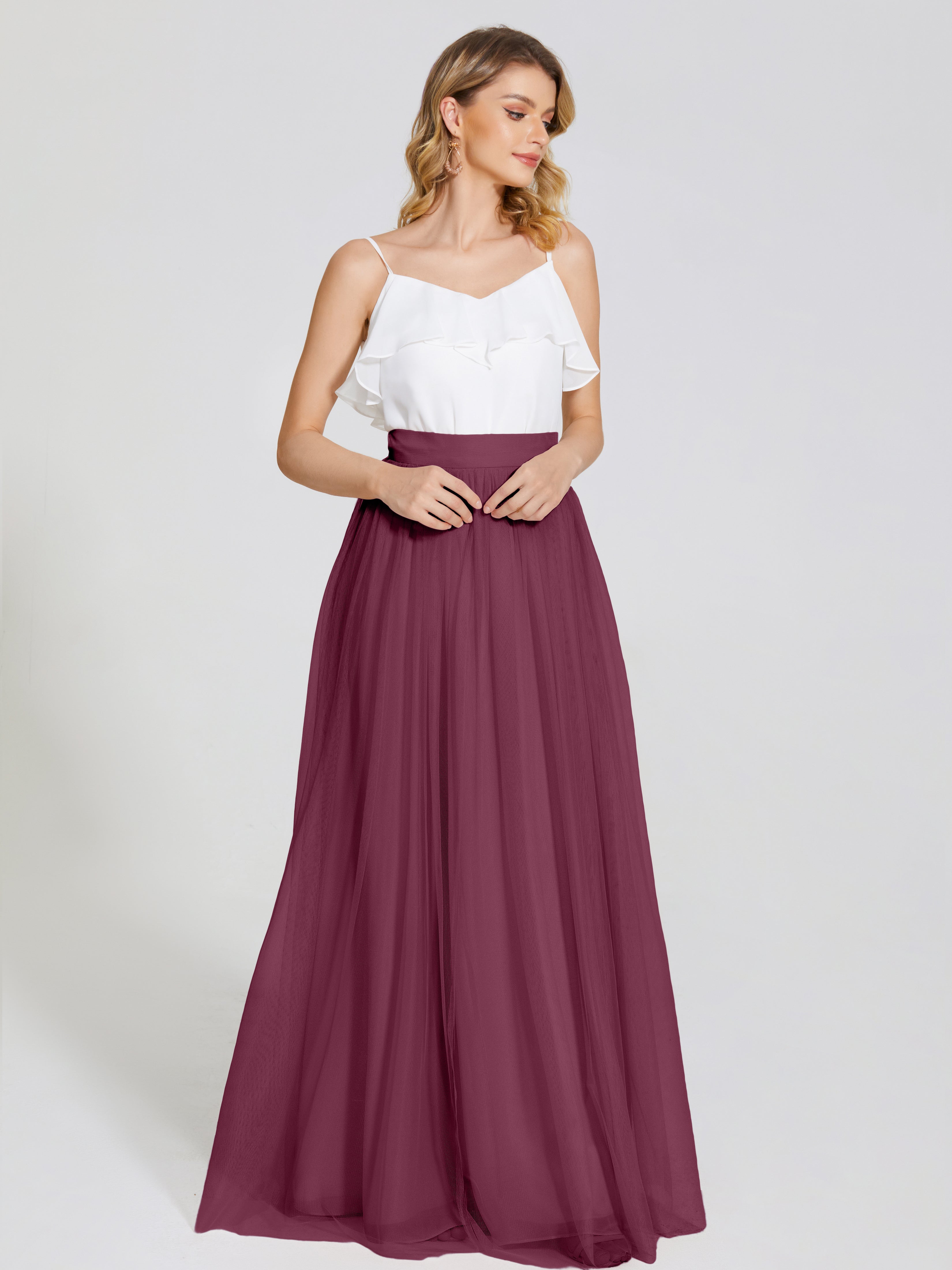 Robes De Demoiselle D'Honneur Mûre Deux Pièces Trapèze Longue Tulle Jupe