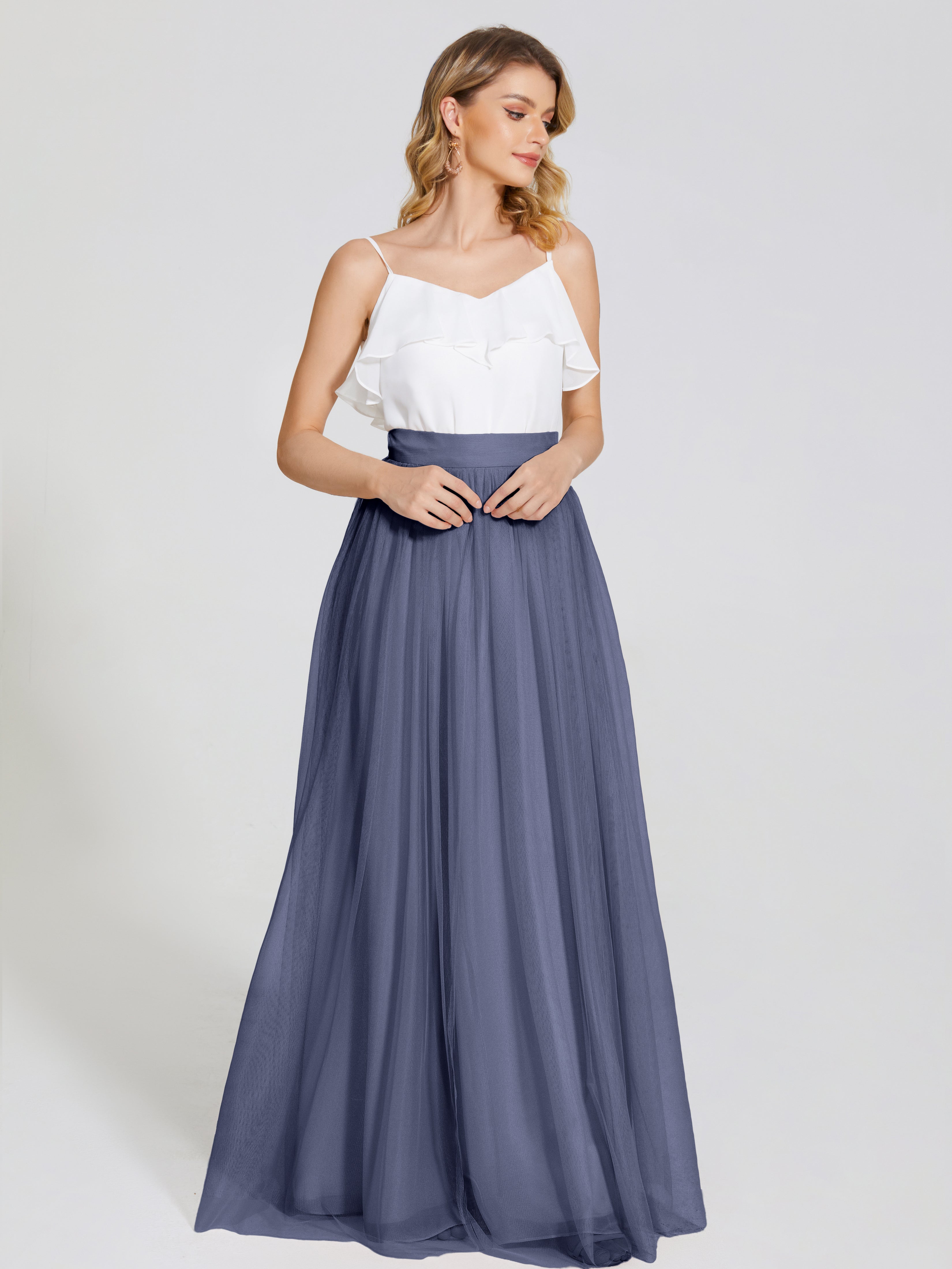 Robes De Demoiselle D'Honneur Bleu Orageux Deux Pièces Trapèze Longue Tulle Jupe
