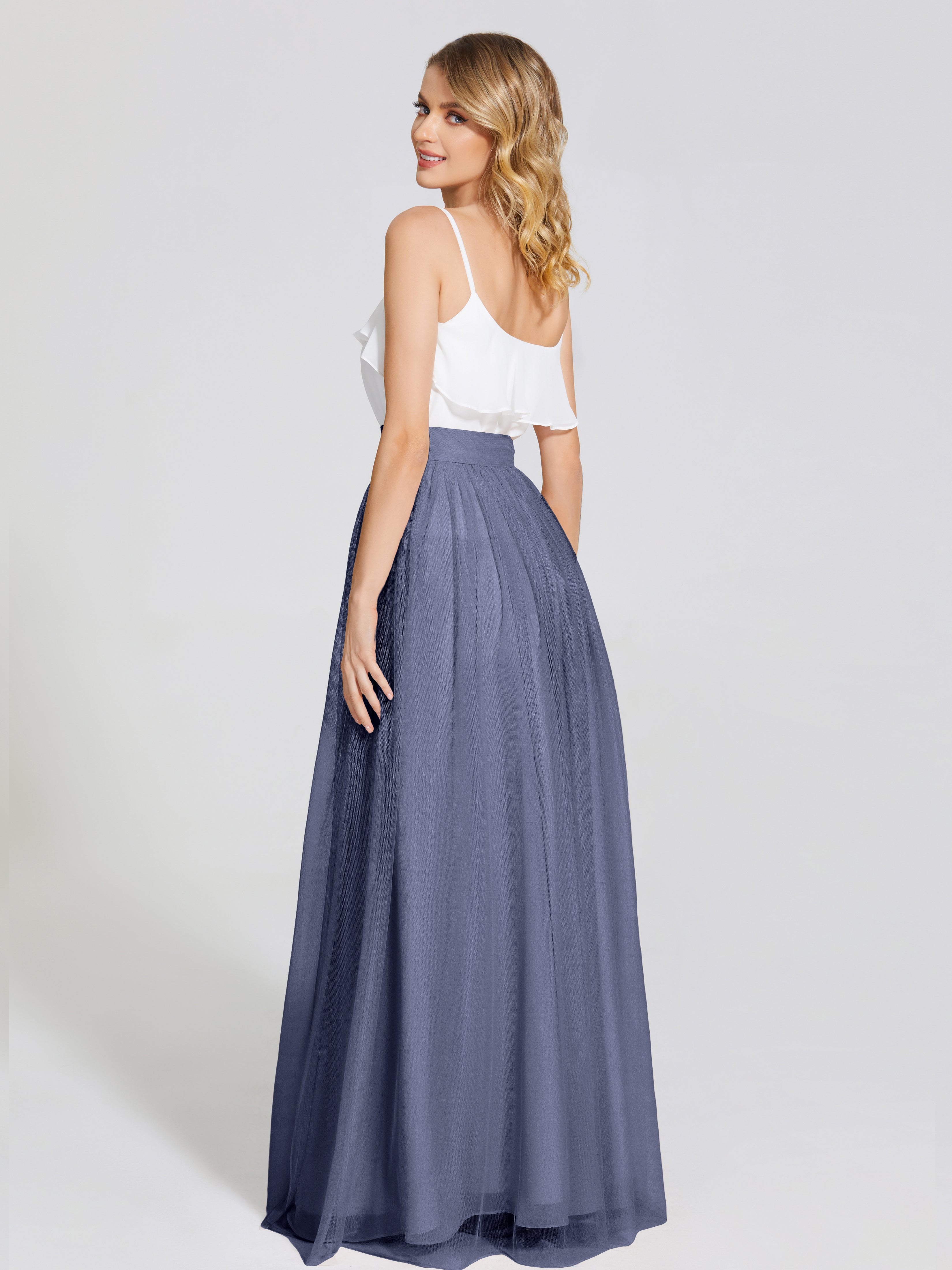 Robes De Demoiselle D'Honneur Bleu Orageux Deux Pièces Trapèze Longue Tulle Jupe