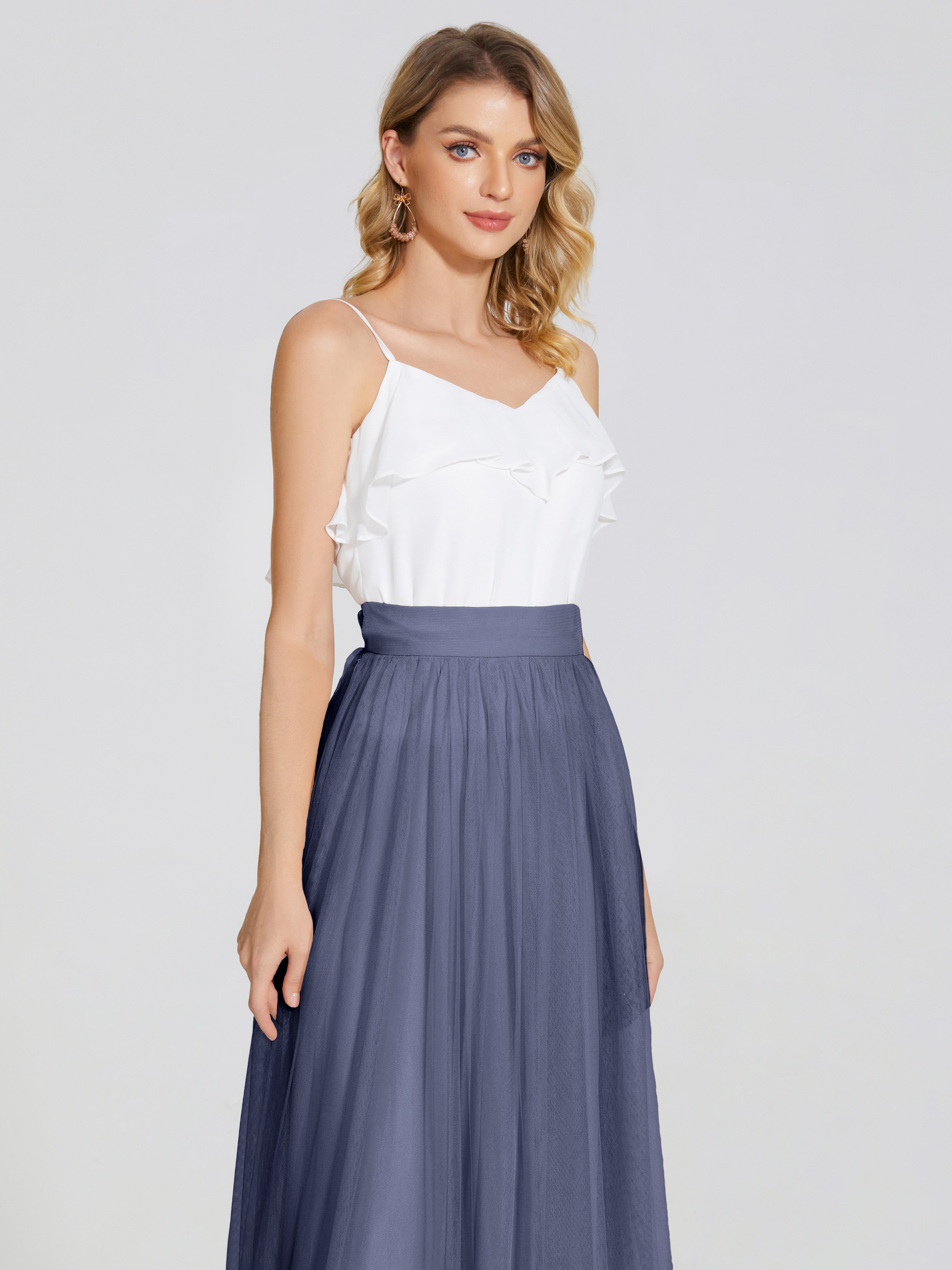 Robes De Demoiselle D'Honneur Bleu Orageux Deux Pièces Trapèze Longue Tulle Jupe