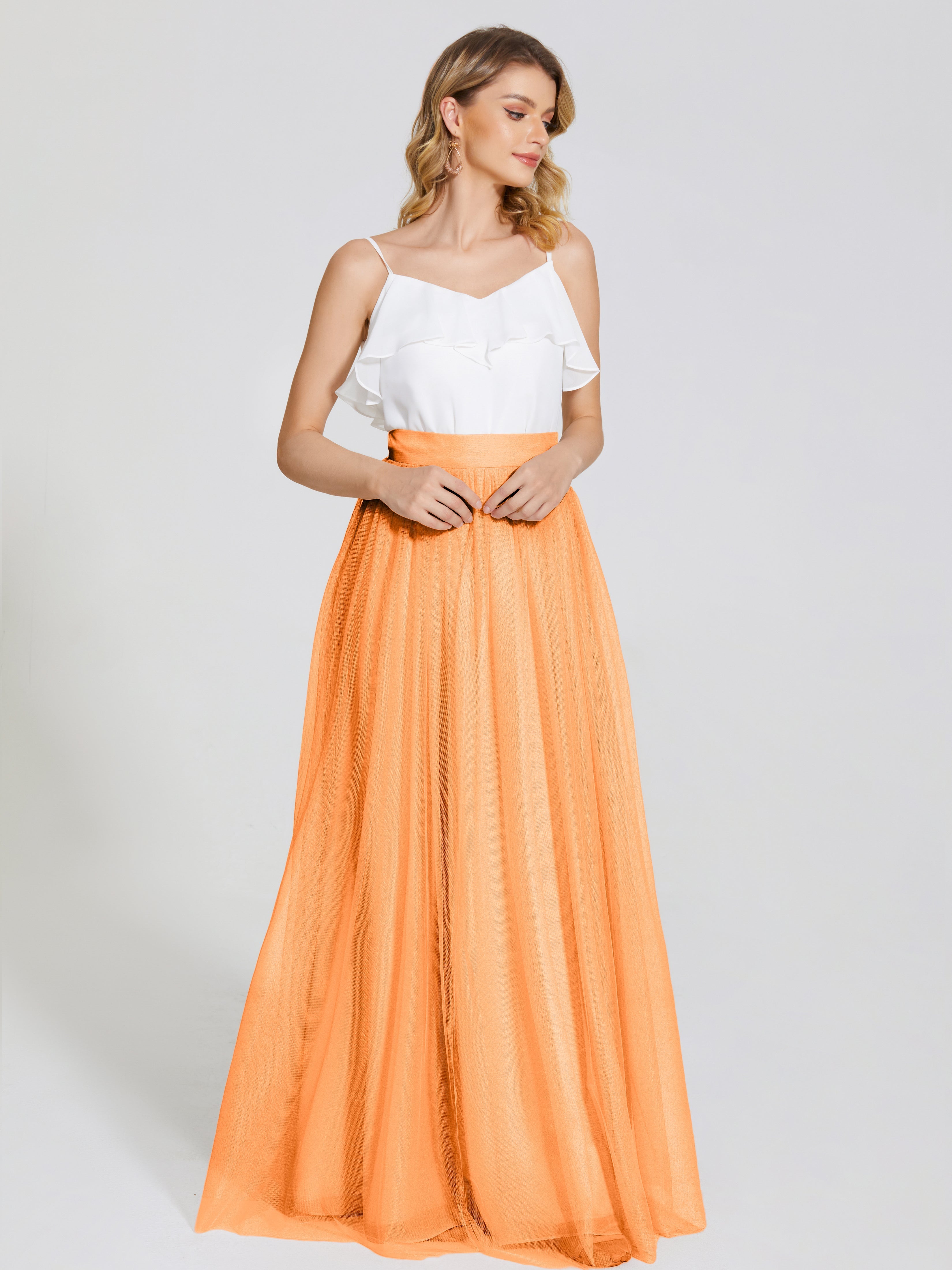 Robe Demoiselle D Honneur Orange Vif Deux Pièces Trapèze Longue Tulle Jupe
