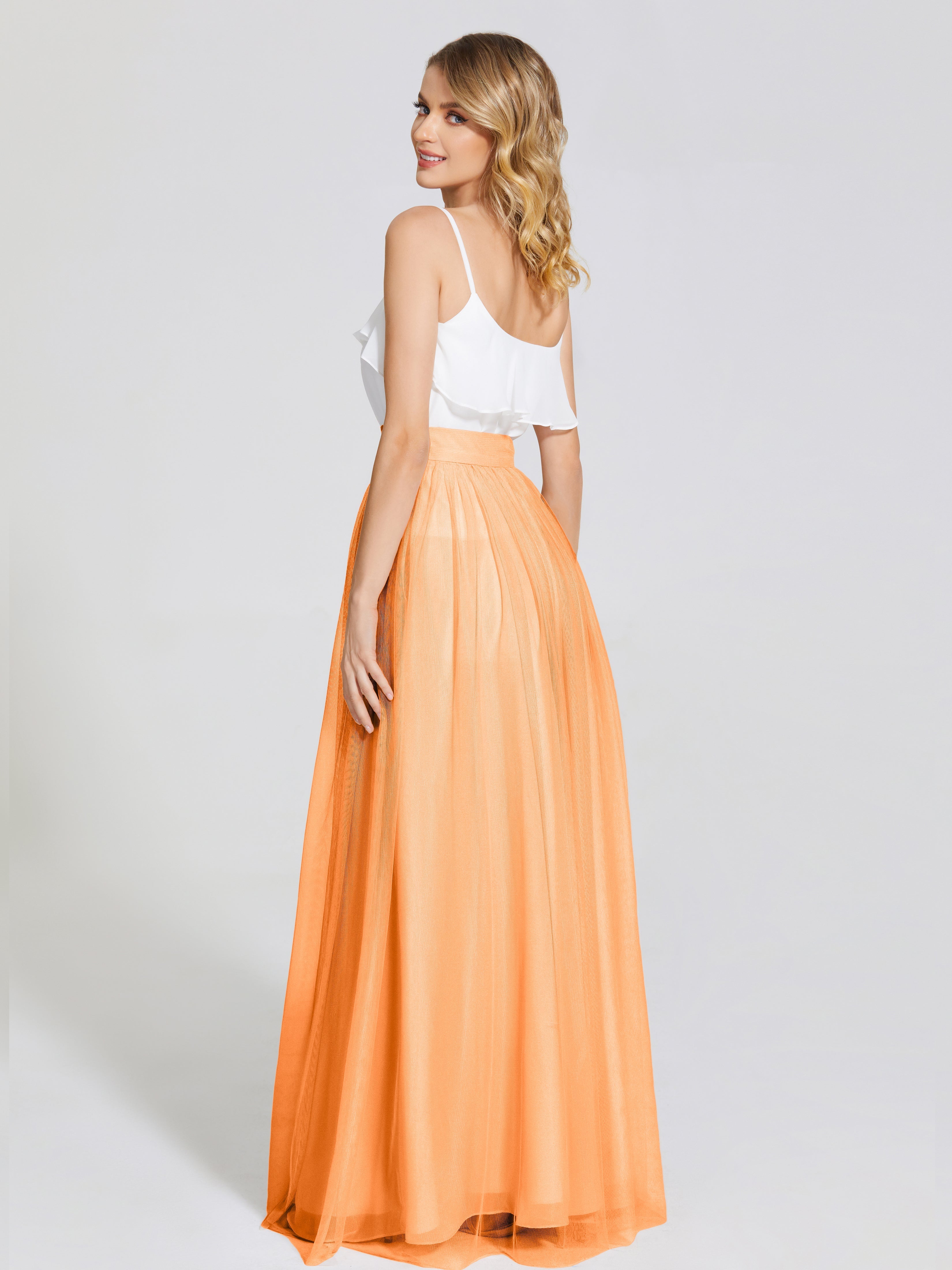 Robe Demoiselle D Honneur Orange Vif Deux Pièces Trapèze Longue Tulle Jupe