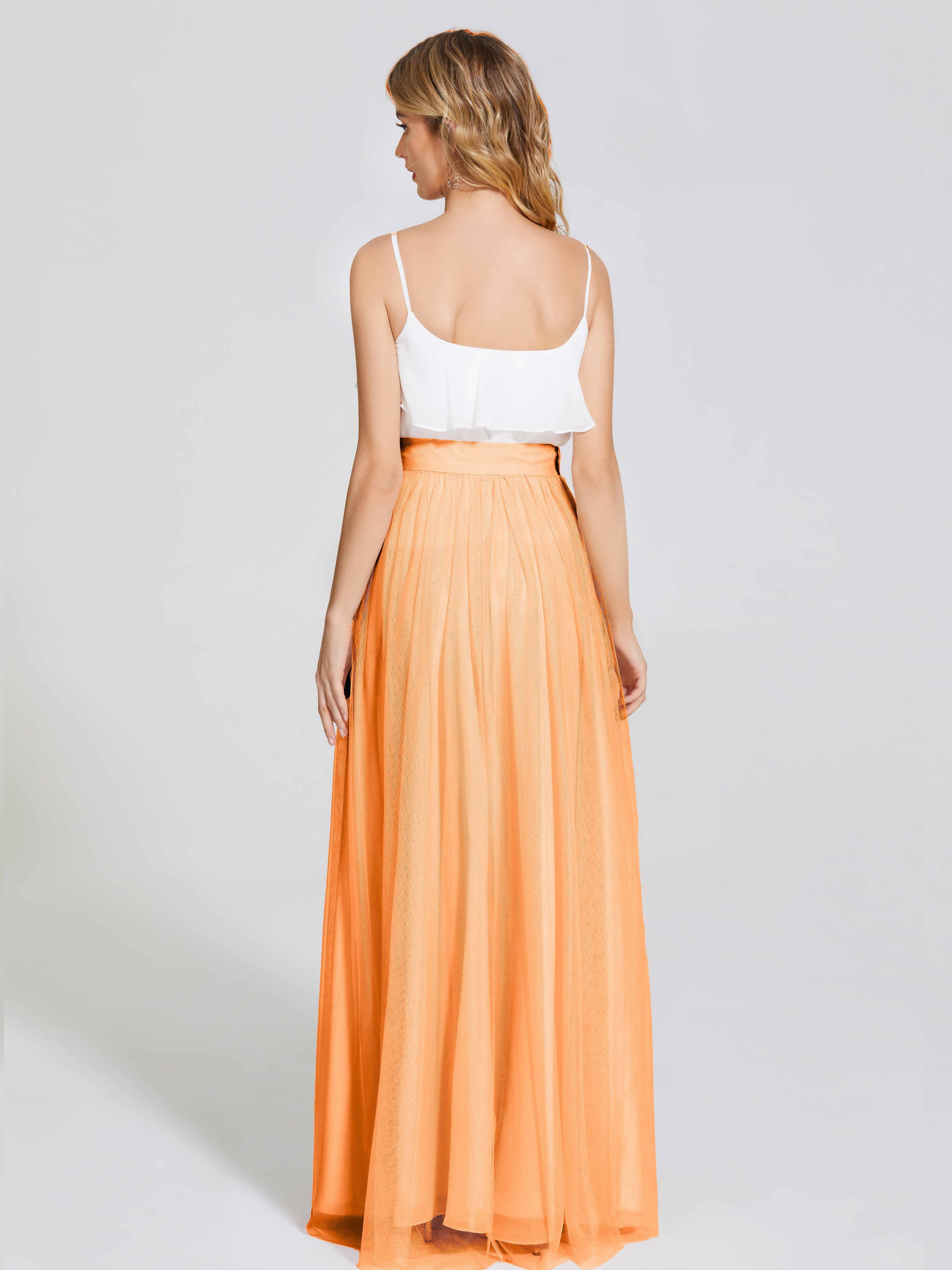 Robe Demoiselle D Honneur Orange Vif Deux Pièces Trapèze Longue Tulle Jupe