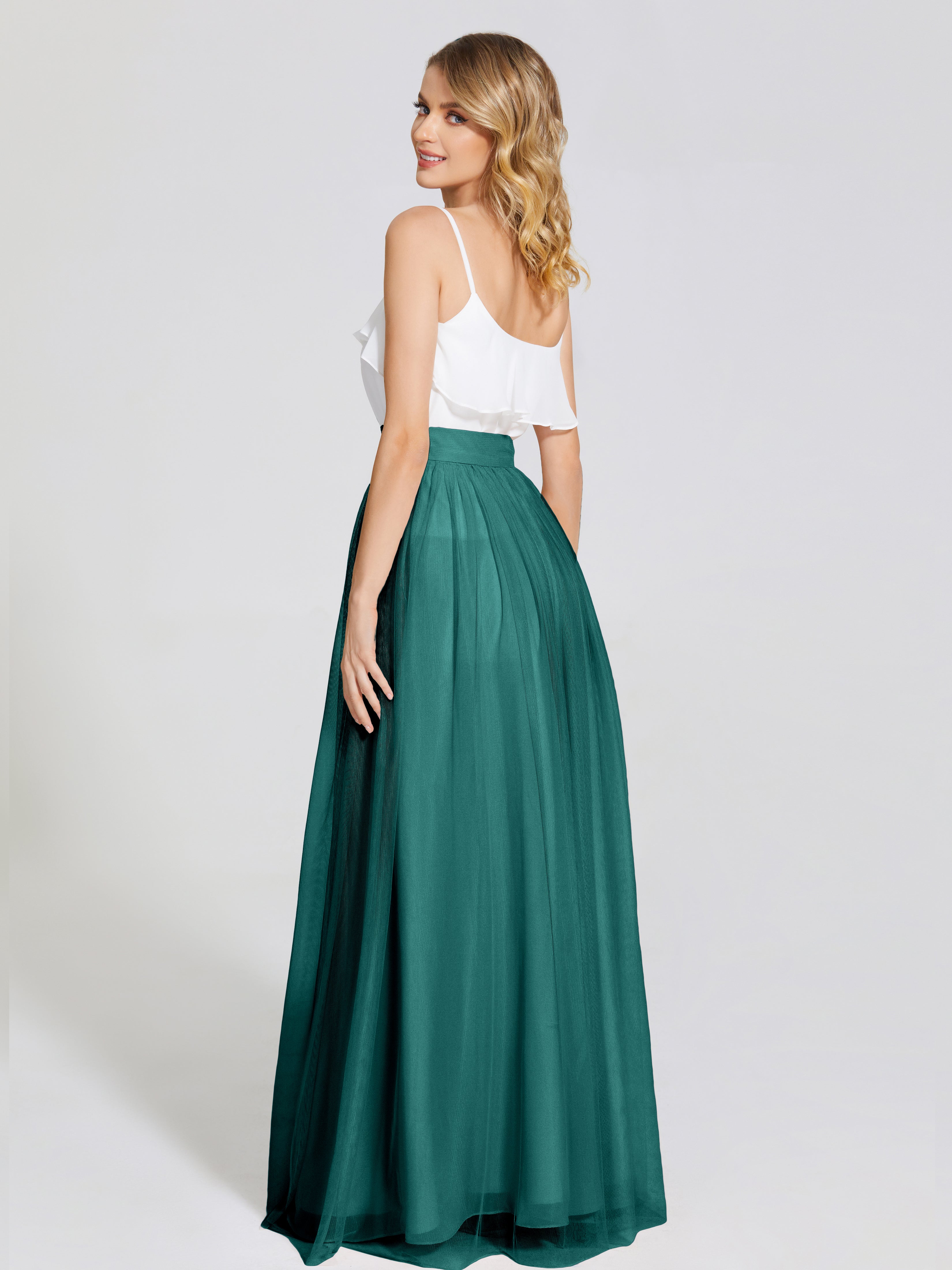 Robes De Demoiselle D'Honneur De Paon Deux Pièces Trapèze Longue Tulle Jupe