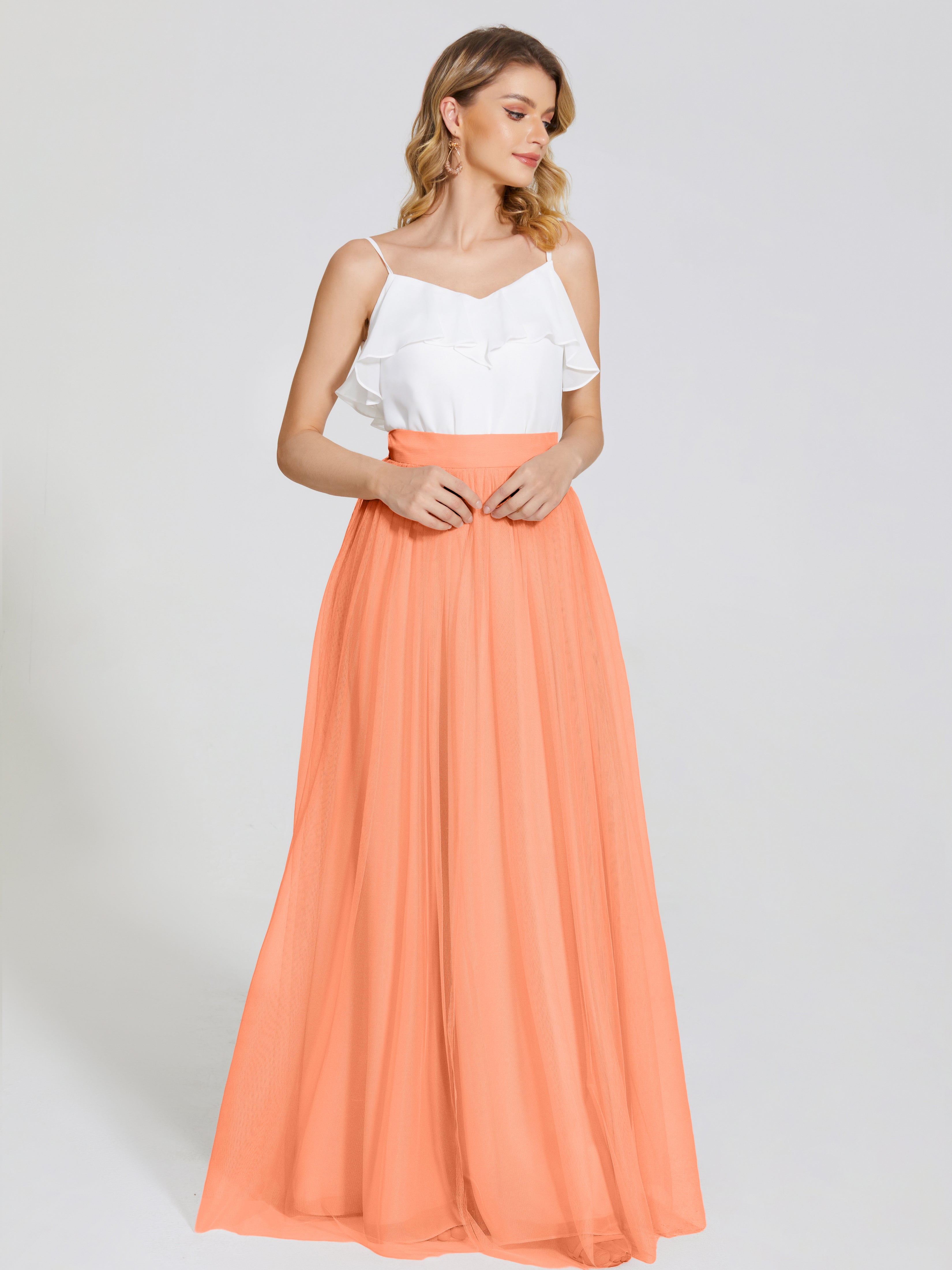 Robes De Demoiselle D'Honneur Papaye Deux Pièces Trapèze Longue Tulle Jupe