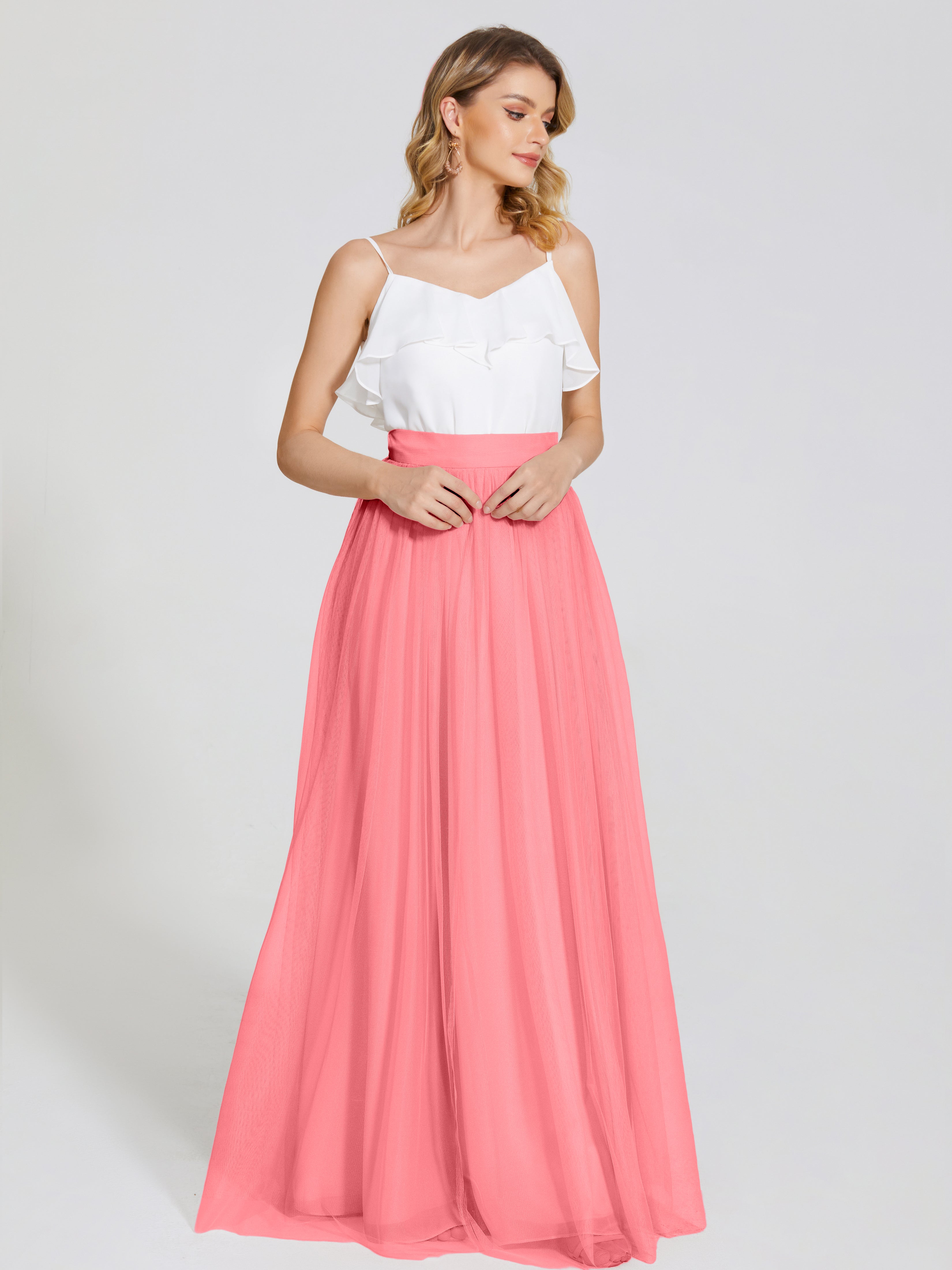 Robes De Demoiselle D'Honneur Pastèque Deux Pièces Trapèze Longue Tulle Jupe