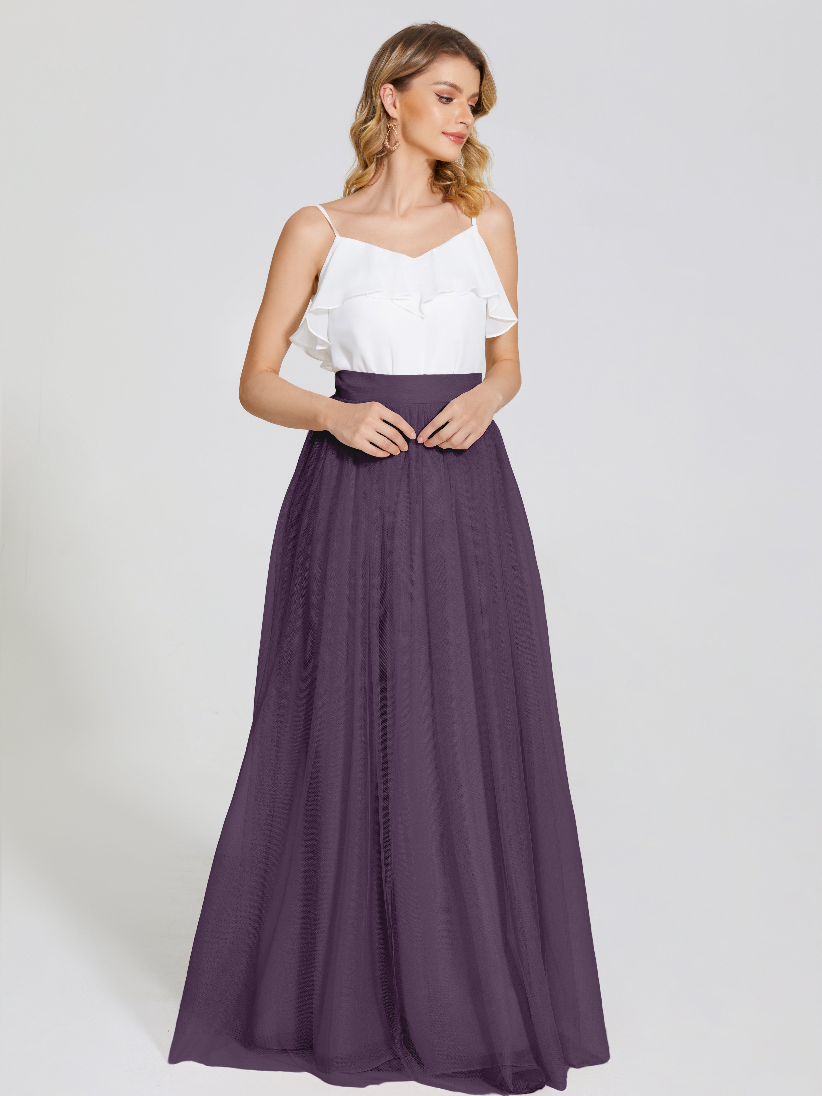 Robe De Demoiselle D'Honneur En Plum Deux Pièces Trapèze Longue Tulle Jupe