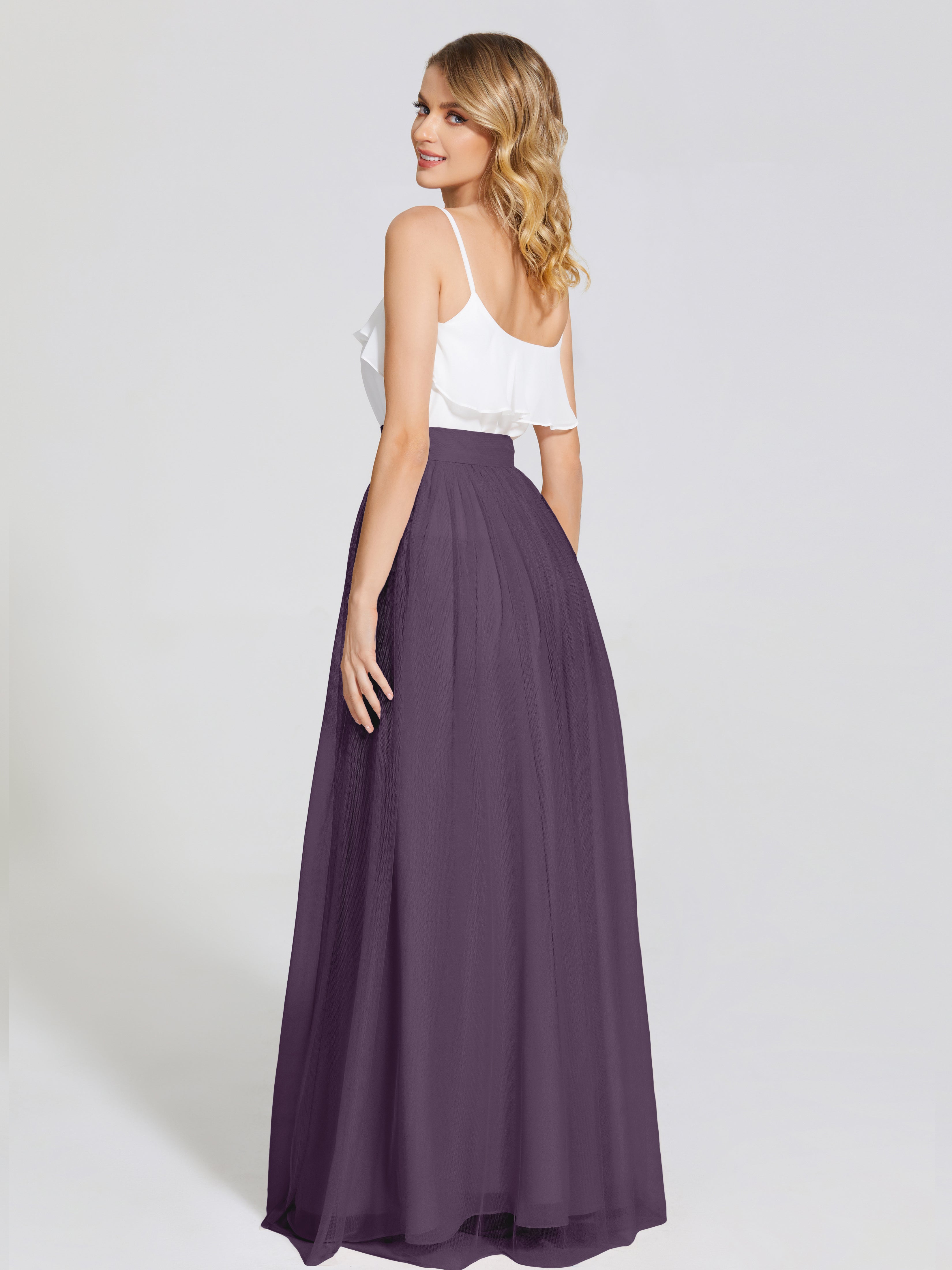 Robe De Demoiselle D'Honneur En Plum Deux Pièces Trapèze Longue Tulle Jupe
