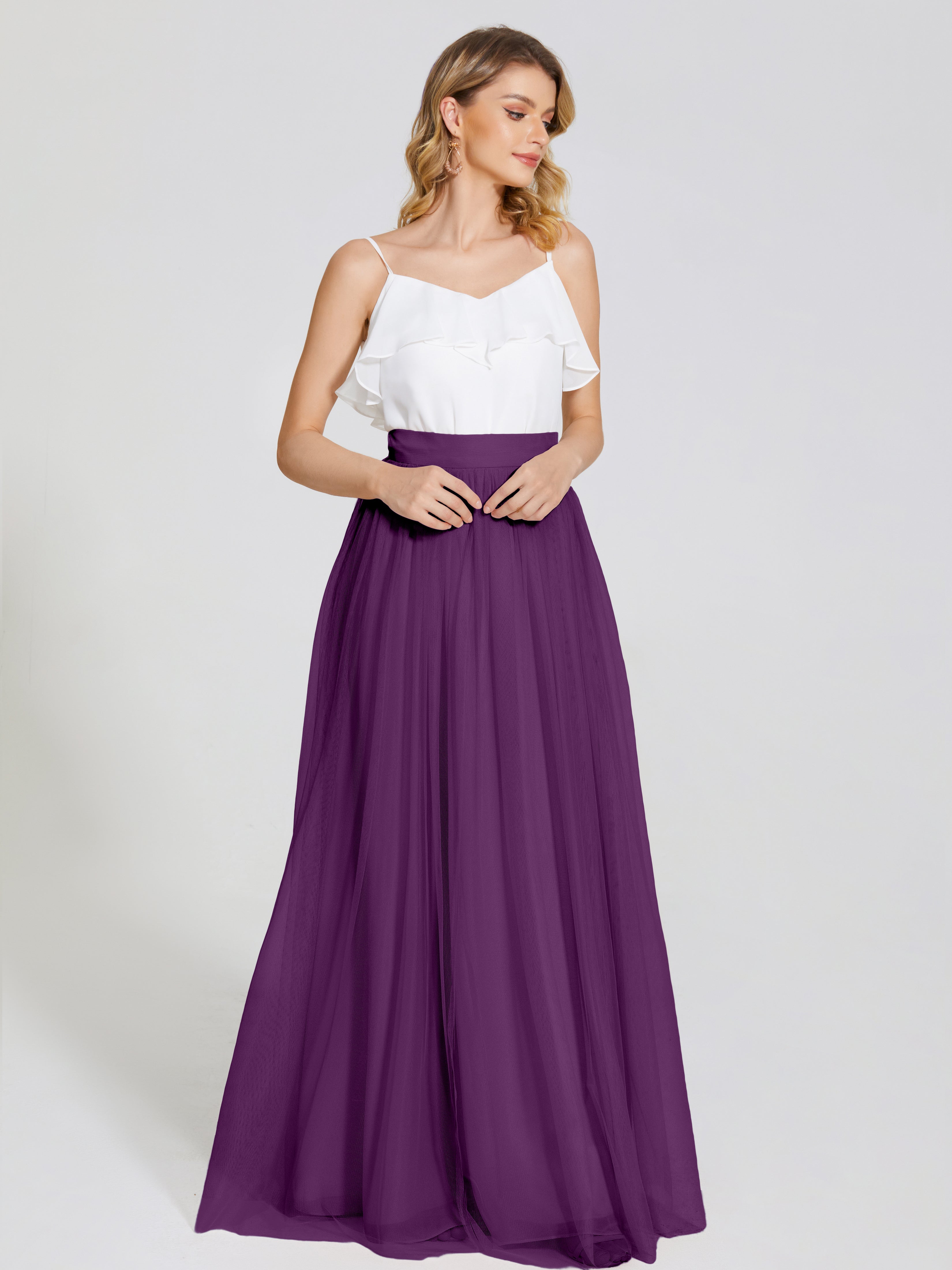 Robes De Demoiselle D'Honneur En Raisin Deux Pièces Trapèze Longue Tulle Jupe