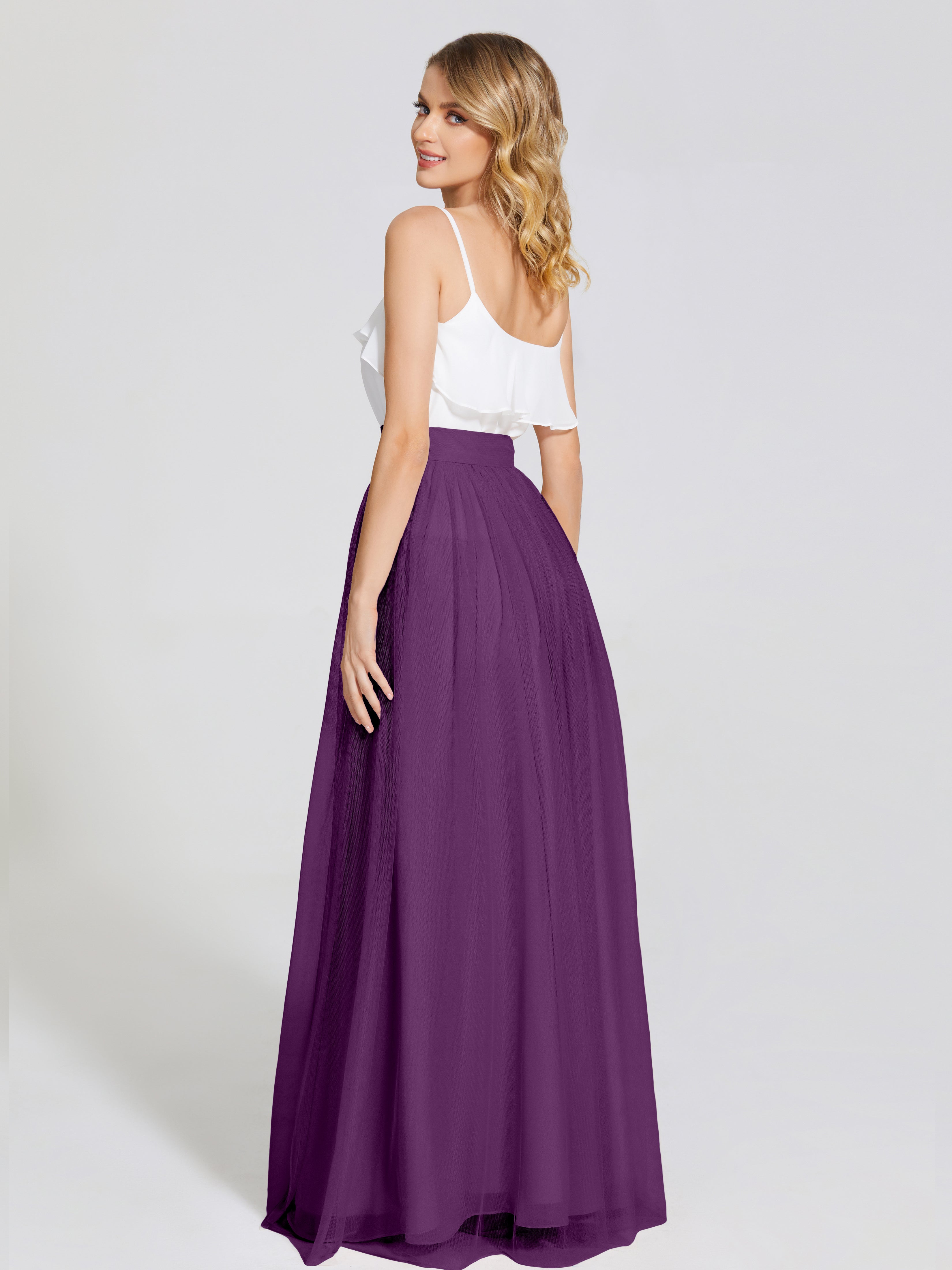Robes De Demoiselle D'Honneur En Raisin Deux Pièces Trapèze Longue Tulle Jupe