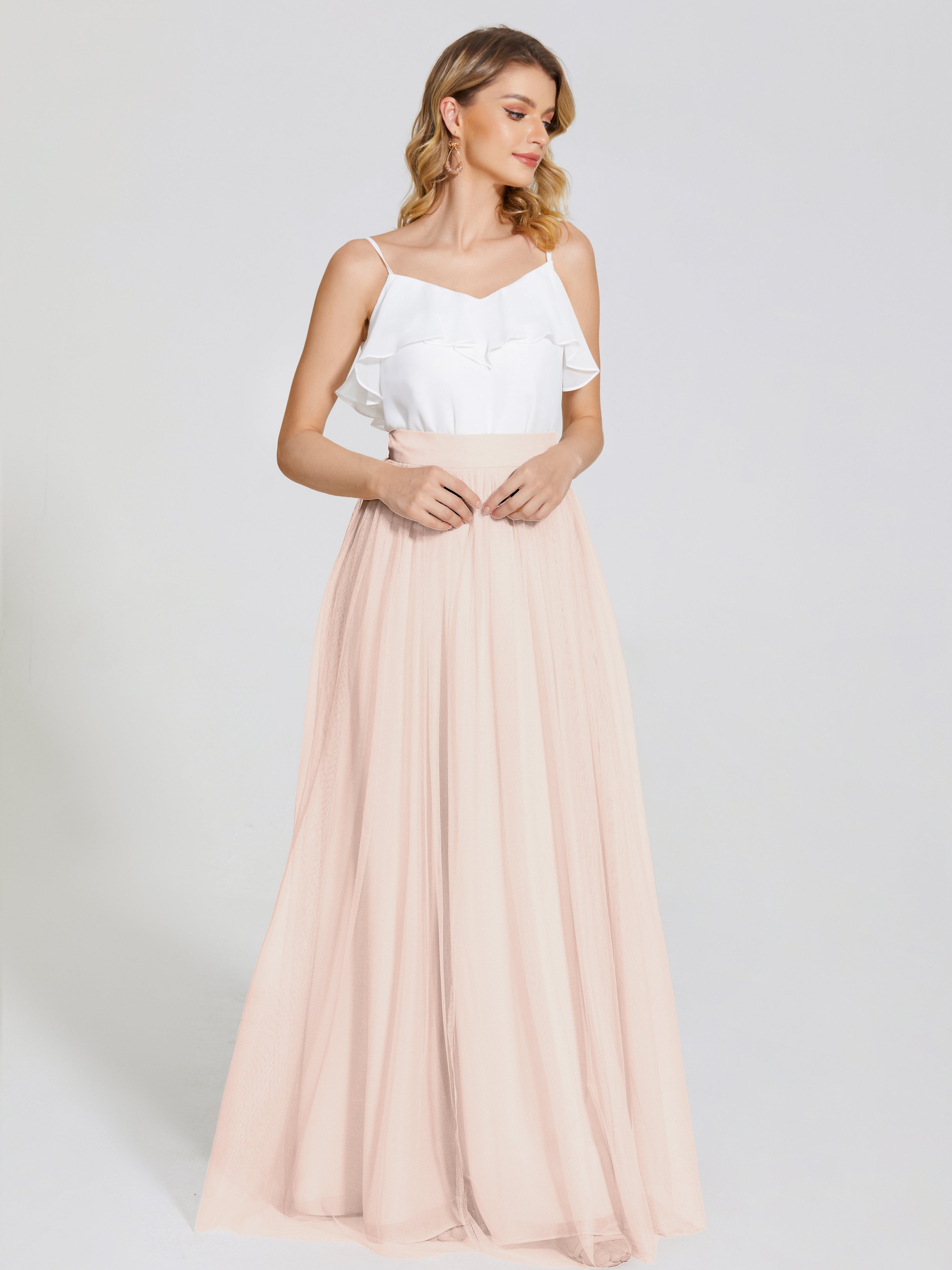 Robe De Demoiselle D'Honneur En Perles Deux Pièces Trapèze Longue Tulle Jupe