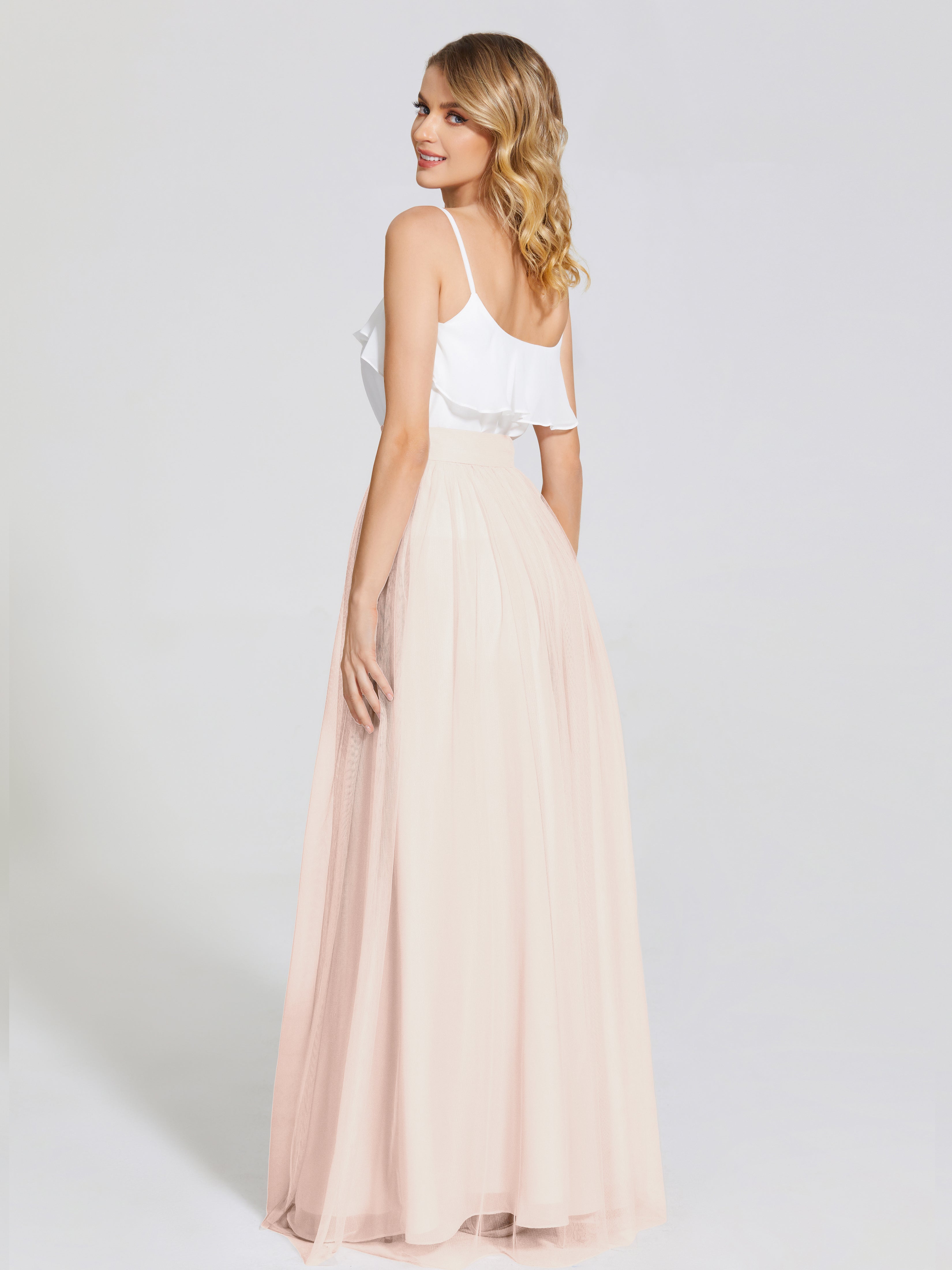 Robe De Demoiselle D'Honneur En Perles Deux Pièces Trapèze Longue Tulle Jupe