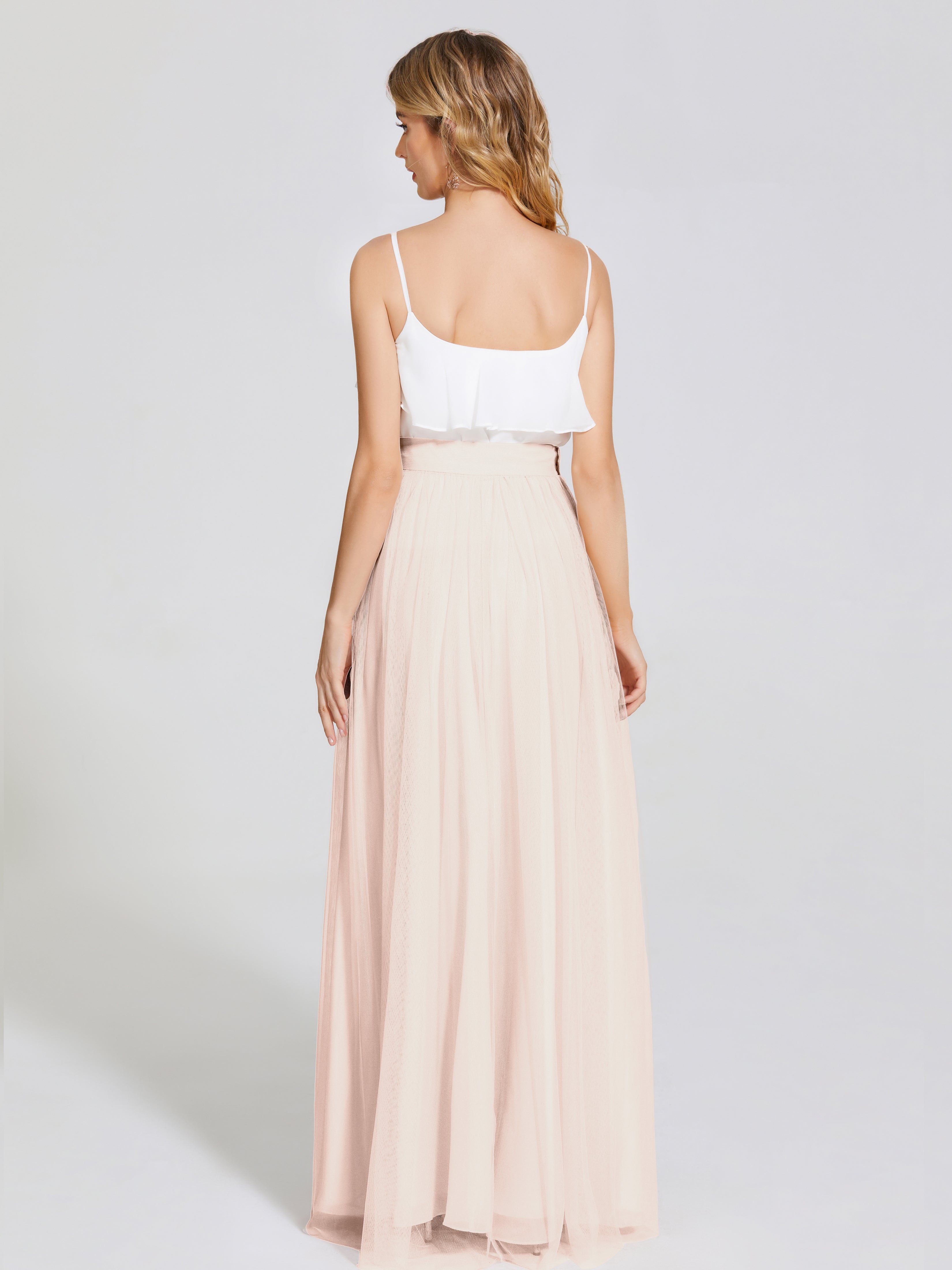 Robe De Demoiselle D'Honneur En Perles Deux Pièces Trapèze Longue Tulle Jupe