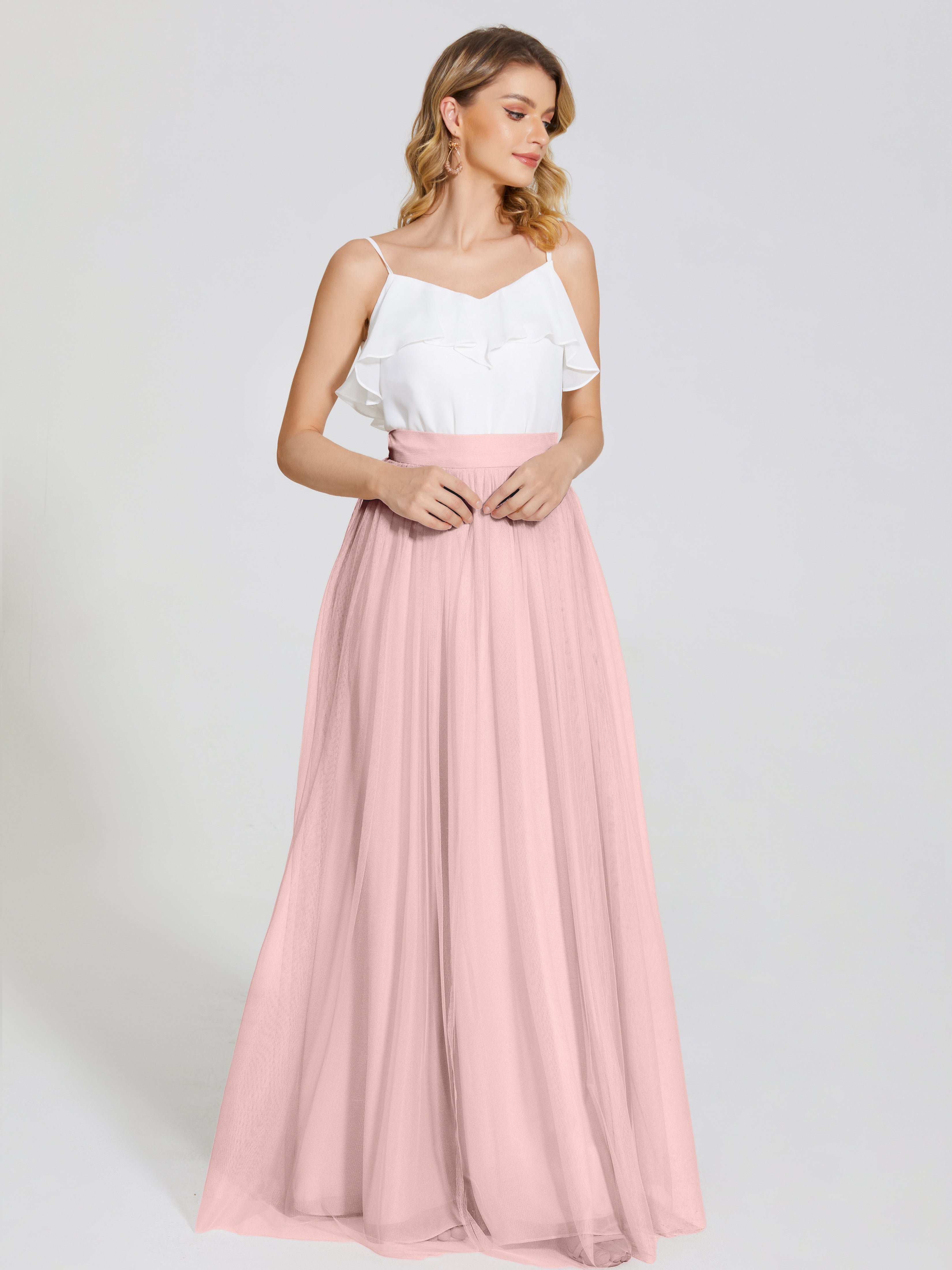 Robe Rose Poudré Demoiselle D Honneur Deux Pièces Trapèze Longue Tulle Jupe
