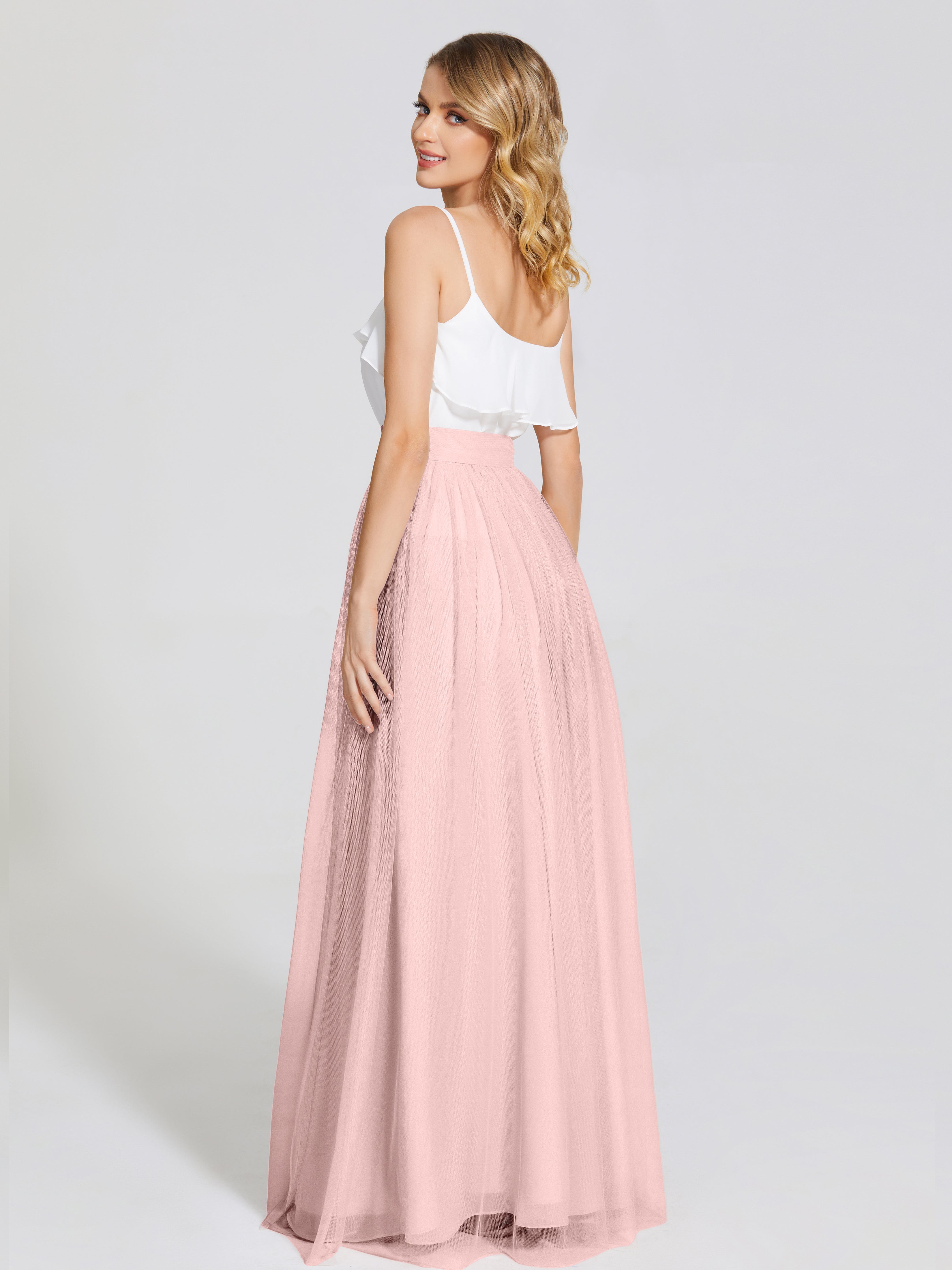 Robe Rose Poudré Demoiselle D Honneur Deux Pièces Trapèze Longue Tulle Jupe