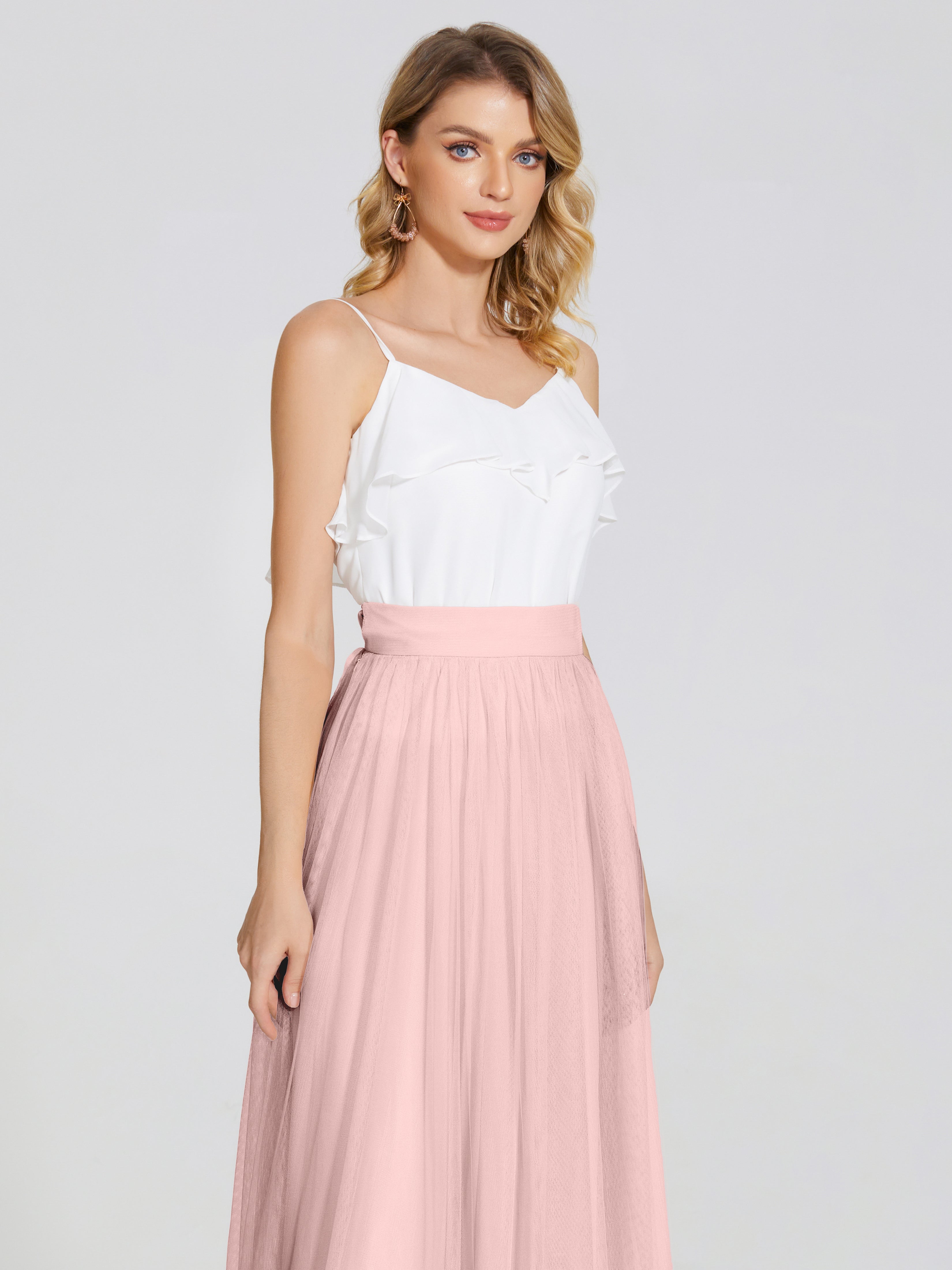 Robe Rose Poudré Demoiselle D Honneur Deux Pièces Trapèze Longue Tulle Jupe