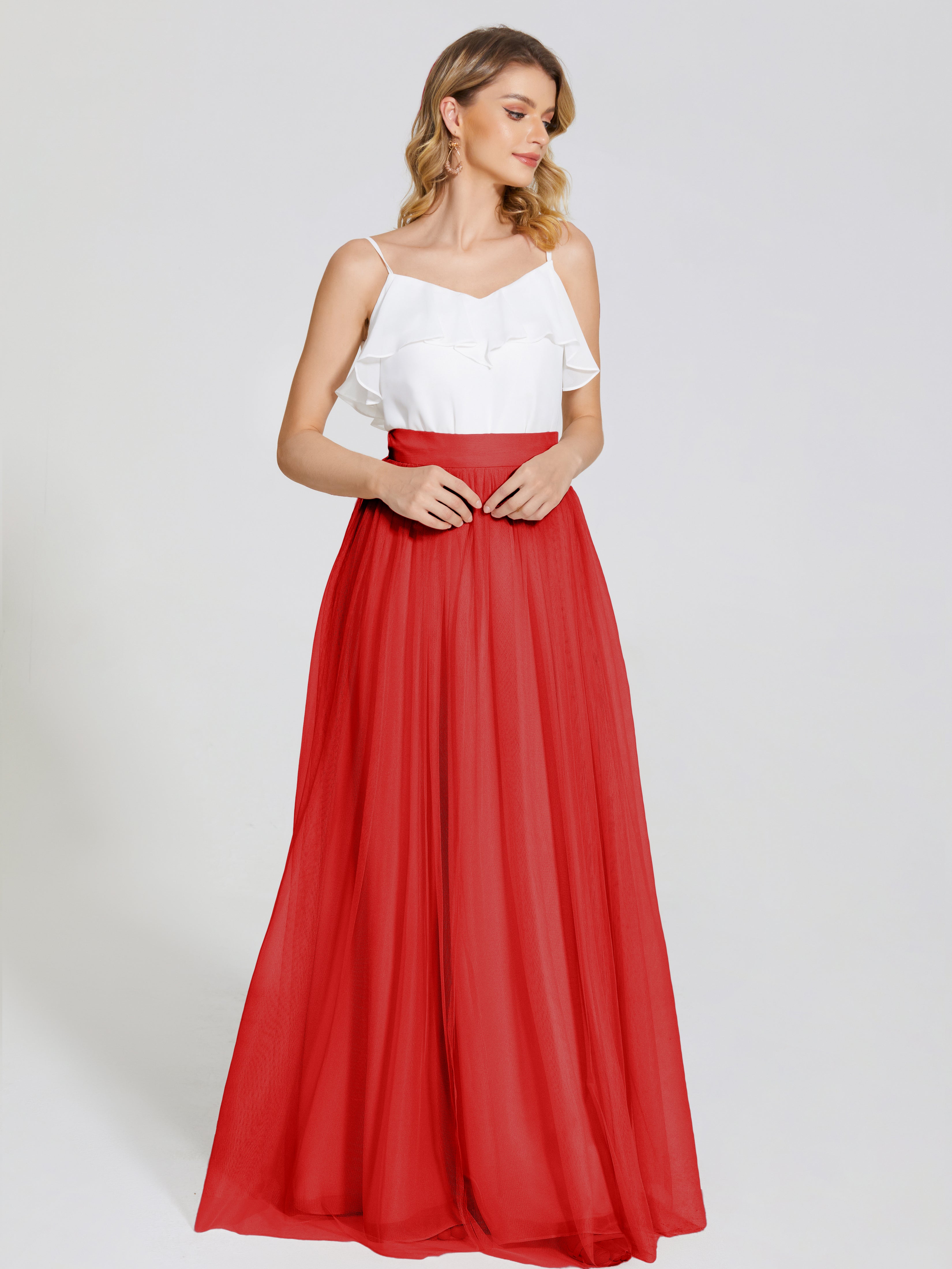 Robe Rouge Mariage Demoiselle D Honneur Deux Pièces Trapèze Longue Tulle Jupe