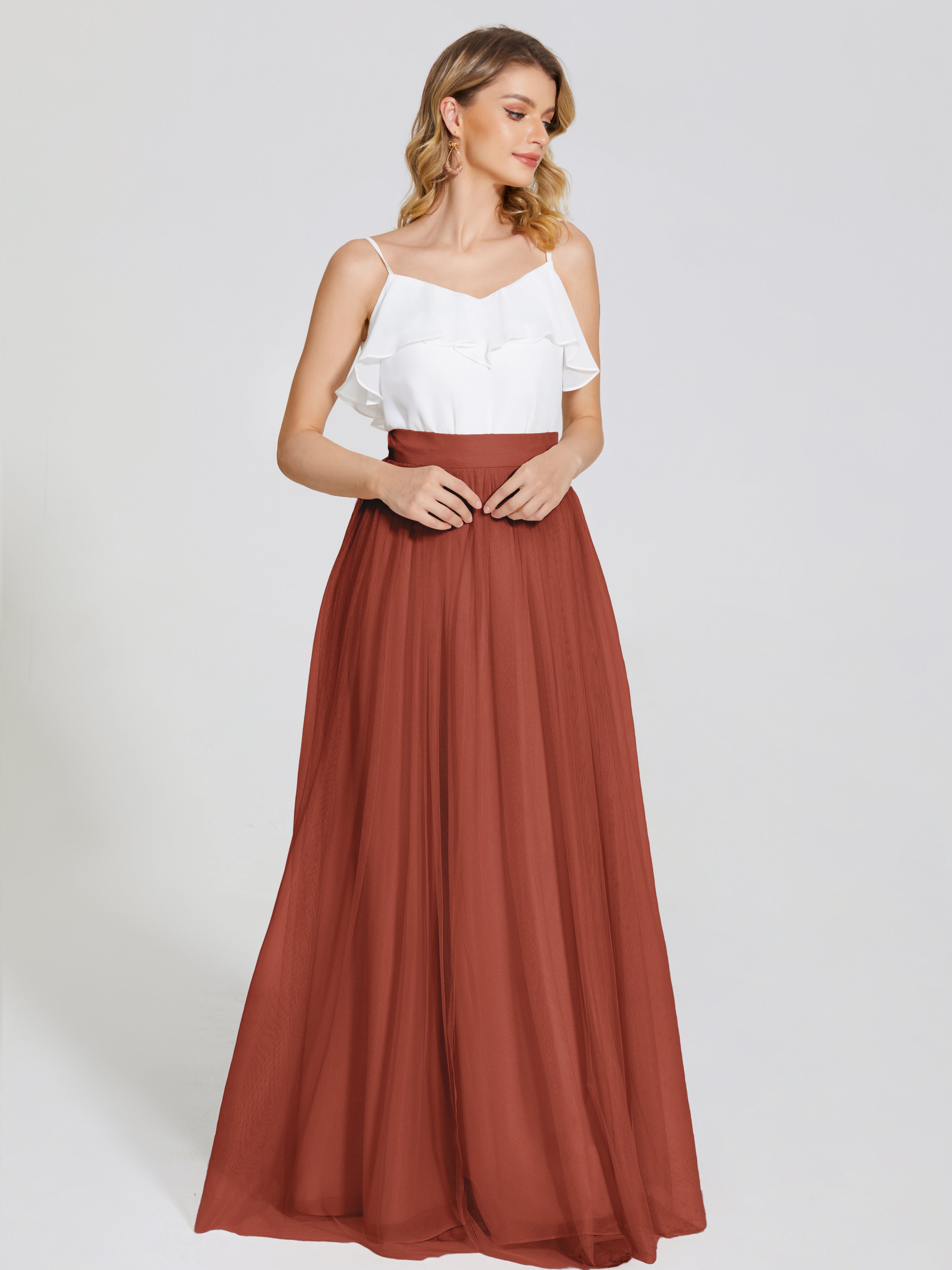 Robes De Demoiselle D'Honneur En Mousseline De Rouille Deux Pièces Trapèze Longue Tulle Jupe