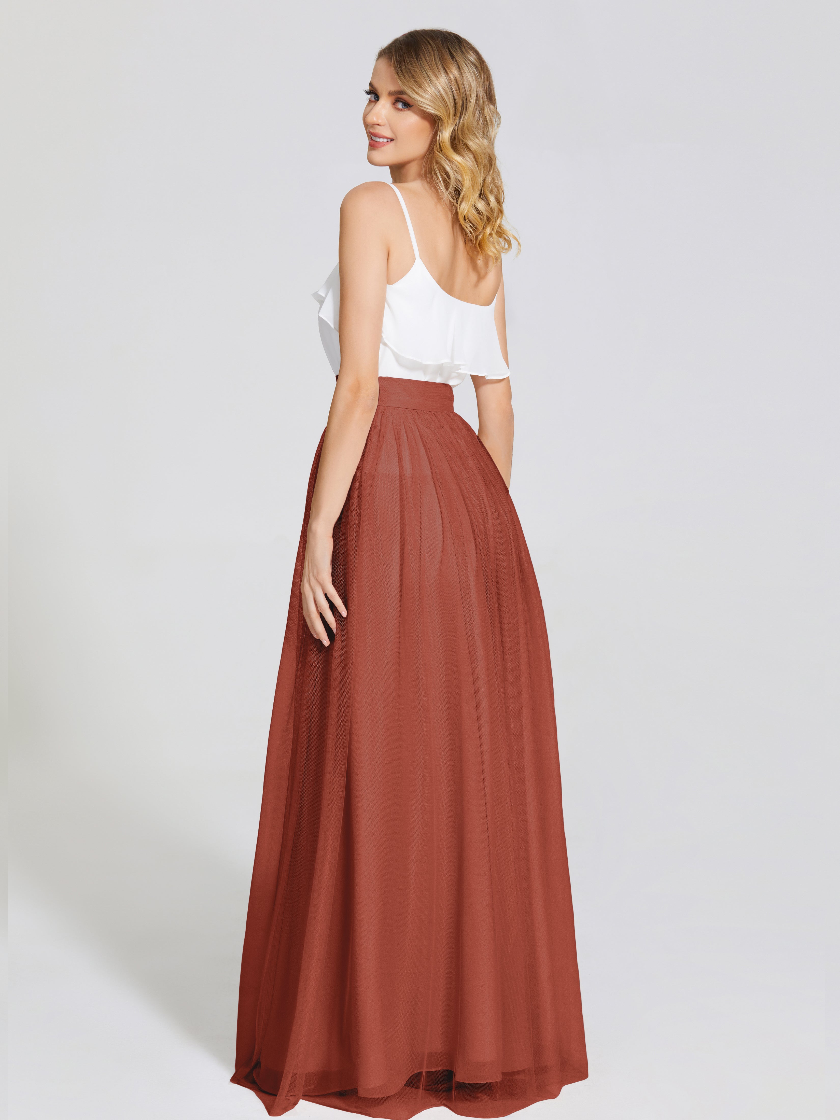 Robes De Demoiselle D'Honneur En Mousseline De Rouille Deux Pièces Trapèze Longue Tulle Jupe