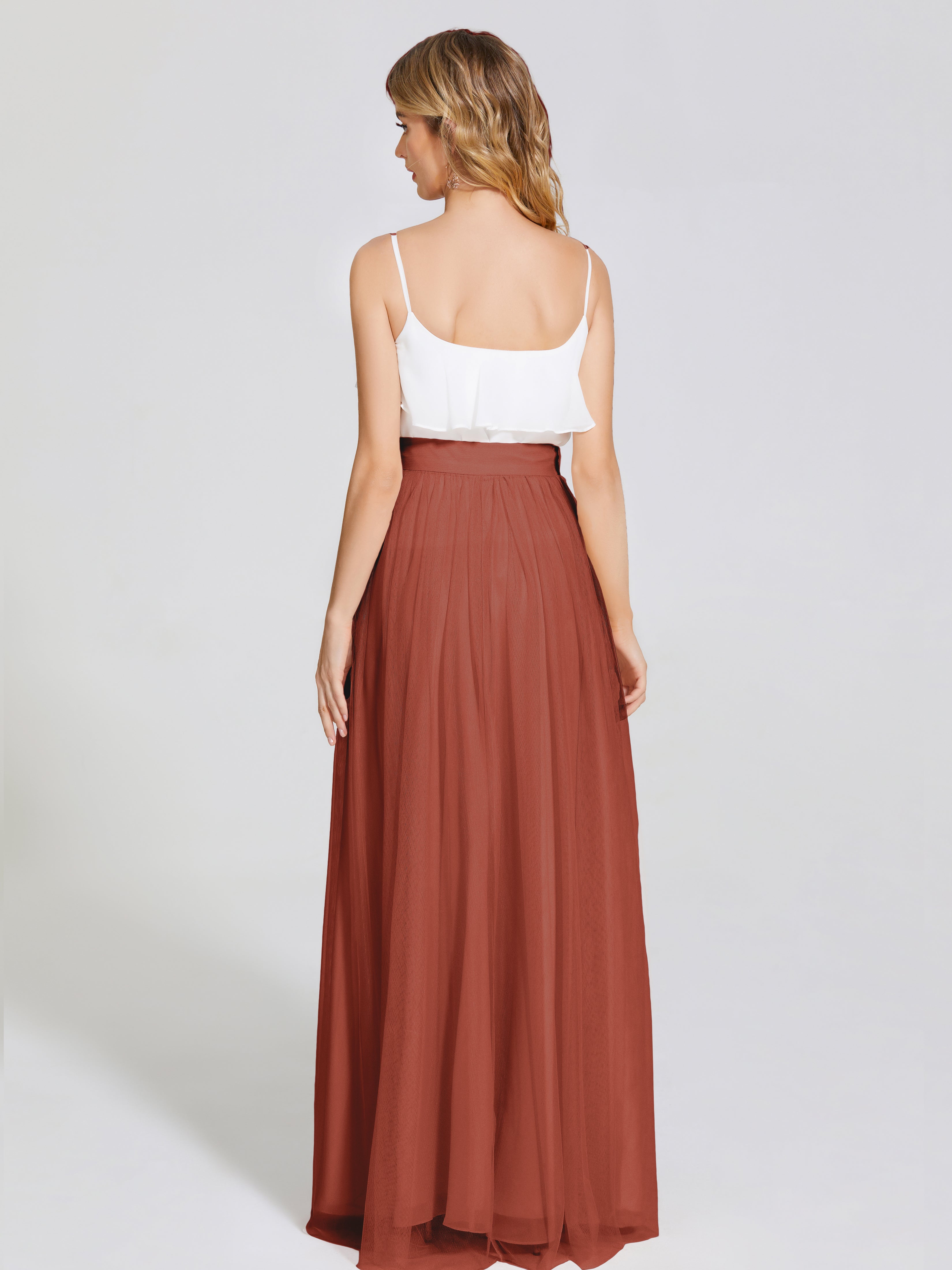 Robes De Demoiselle D'Honneur En Mousseline De Rouille Deux Pièces Trapèze Longue Tulle Jupe