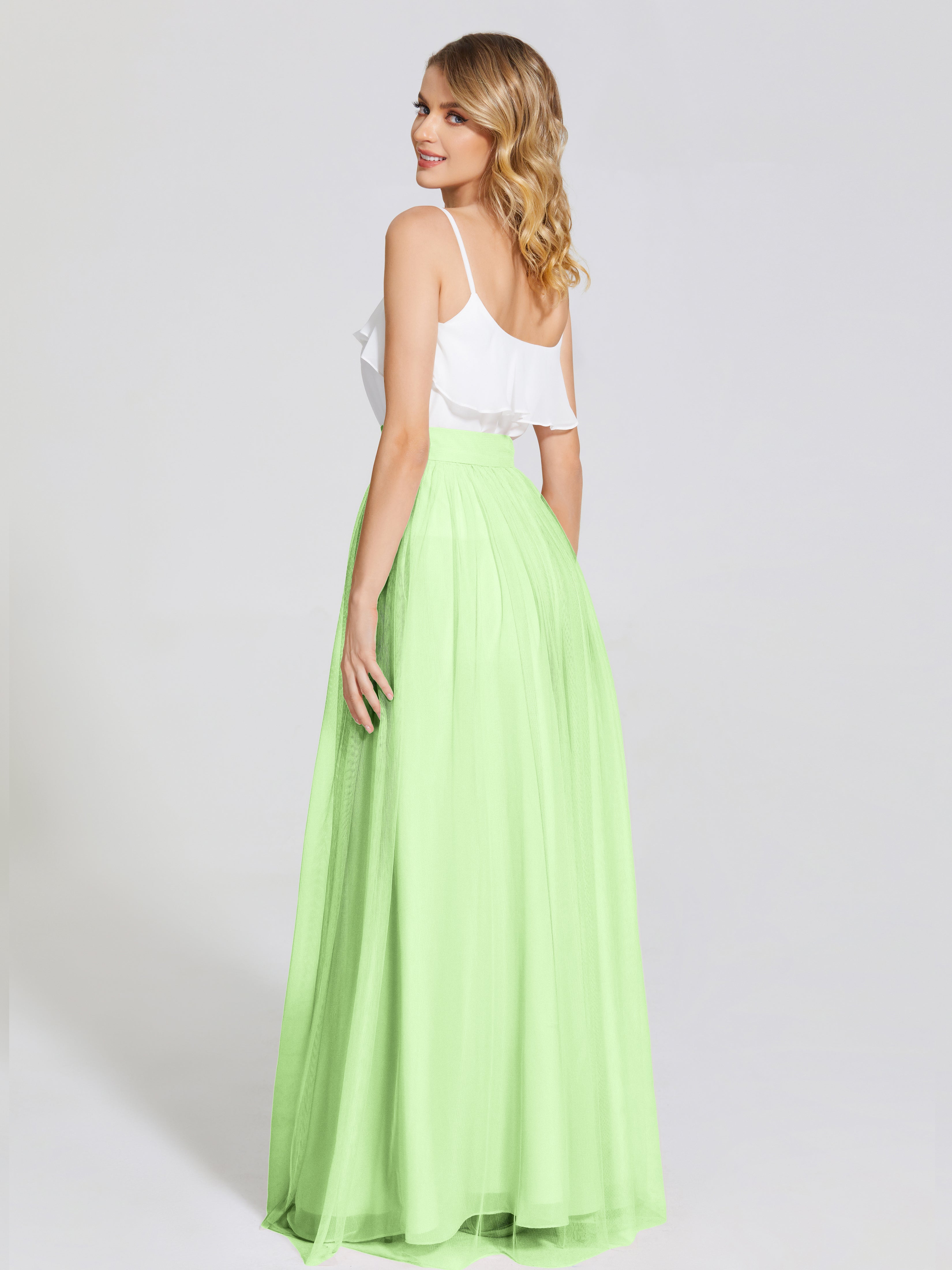 Robe Demoiselle D Honneur Sauge Deux Pièces Trapèze Longue Tulle Jupe
