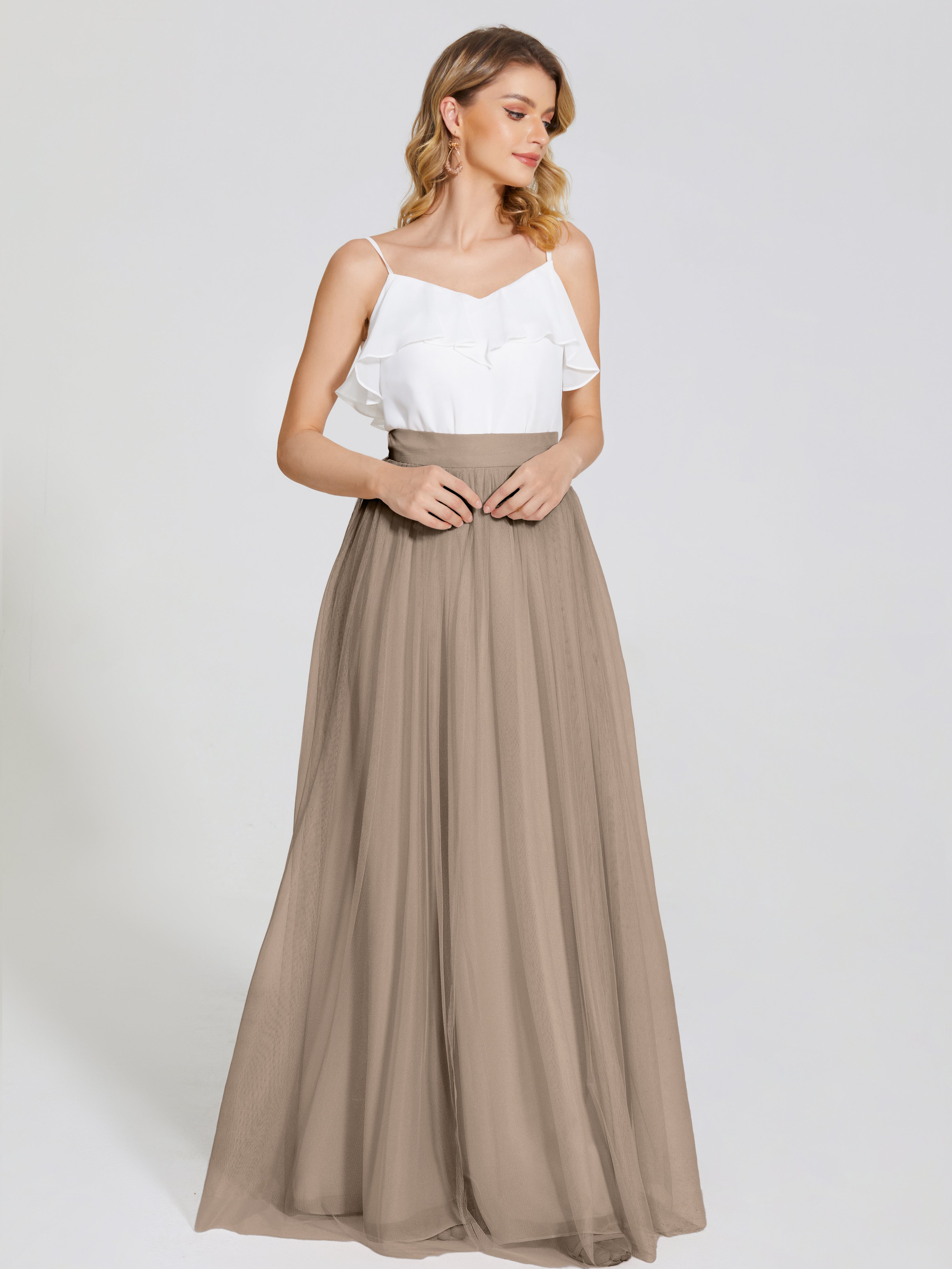 Couleur Taupe Robe Deux Pièces Trapèze Longue Tulle Jupe
