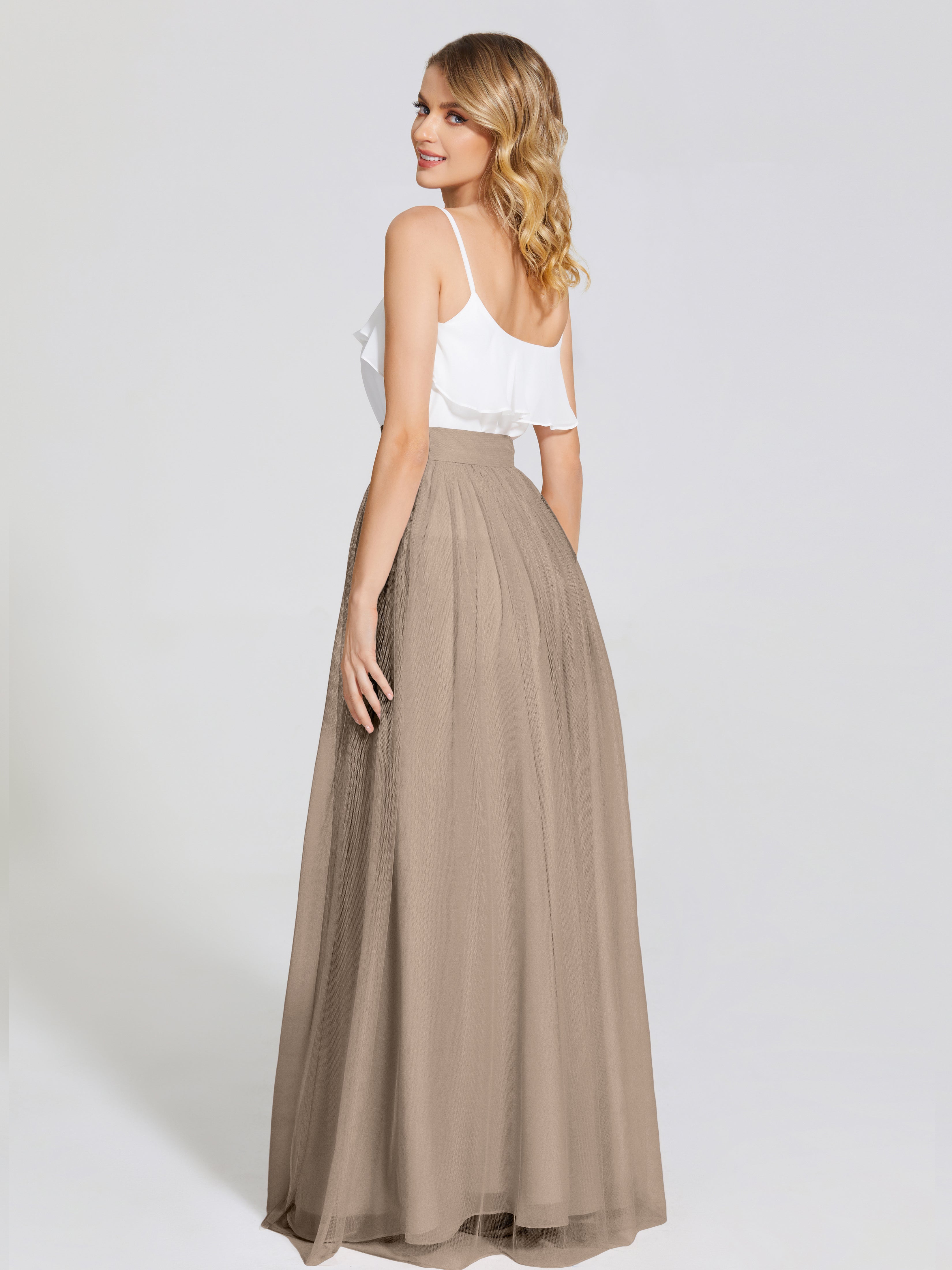 Couleur Taupe Robe Deux Pièces Trapèze Longue Tulle Jupe