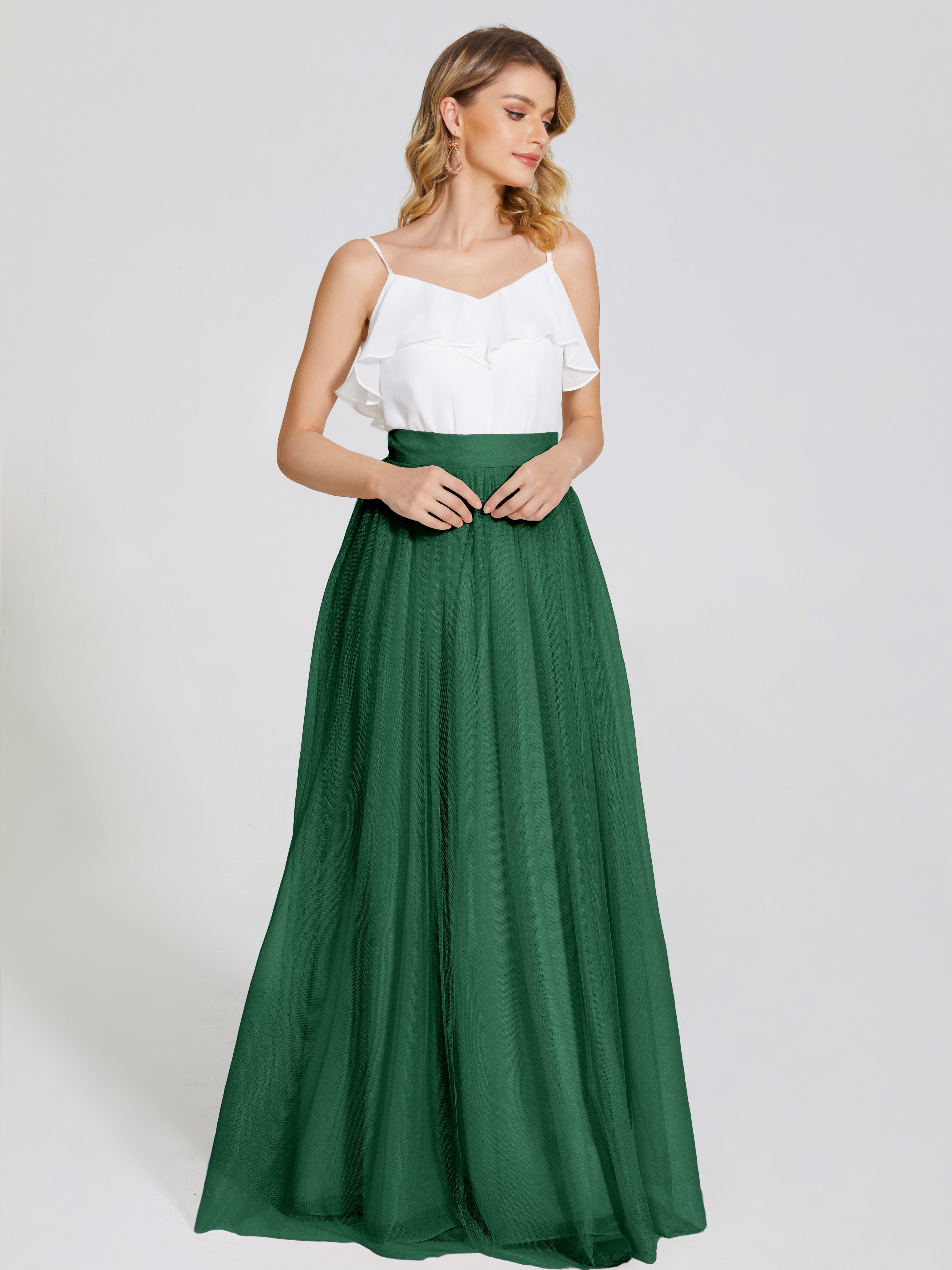 Demoiselle D'Honneur Vert Foncé Deux Pièces Trapèze Longue Tulle Jupe