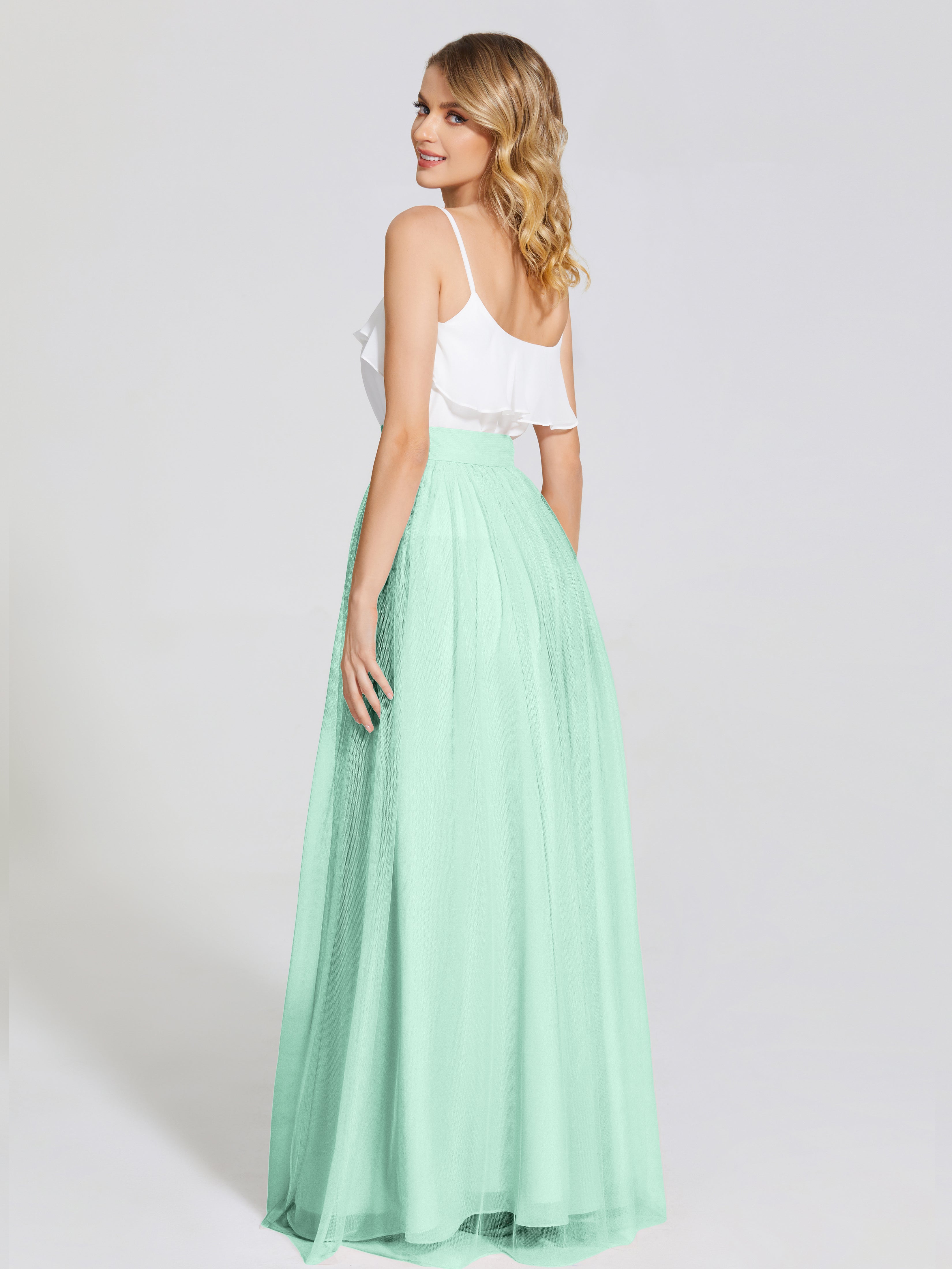Robe Vert Menthe Demoiselle D Honneur Deux Pièces Trapèze Longue Tulle Jupe