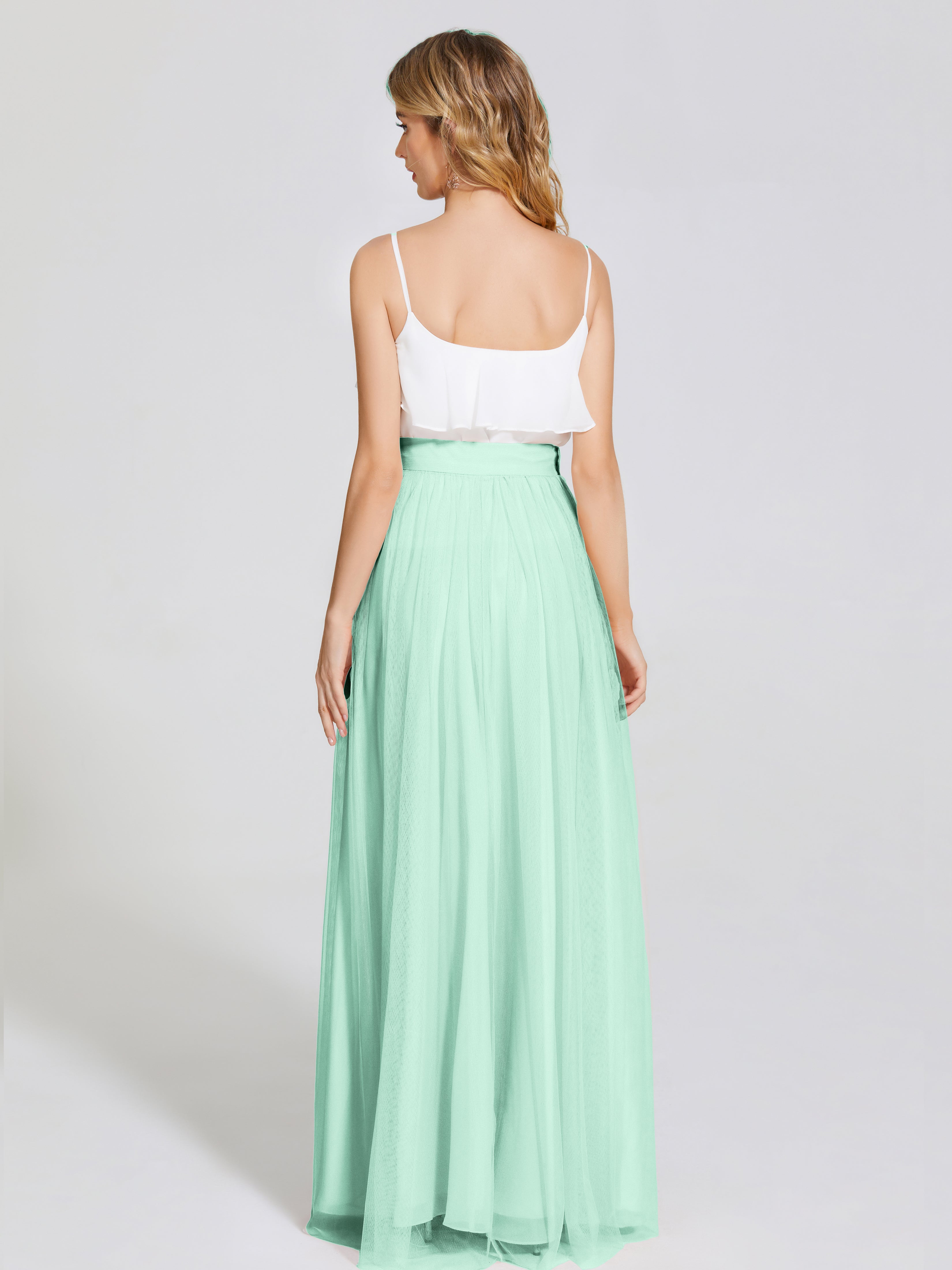 Robe Vert Menthe Demoiselle D Honneur Deux Pièces Trapèze Longue Tulle Jupe