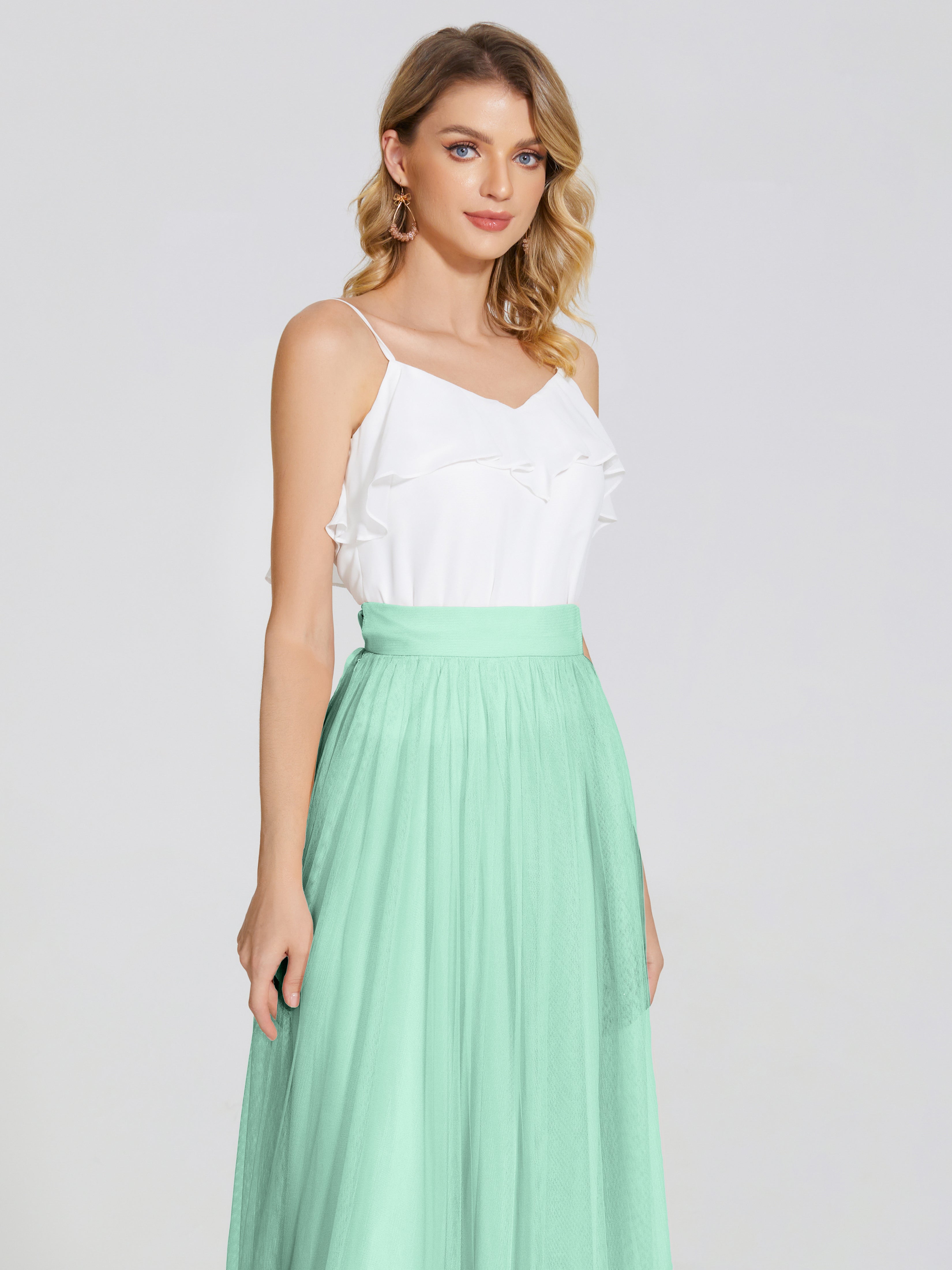 Robe Vert Menthe Demoiselle D Honneur Deux Pièces Trapèze Longue Tulle Jupe