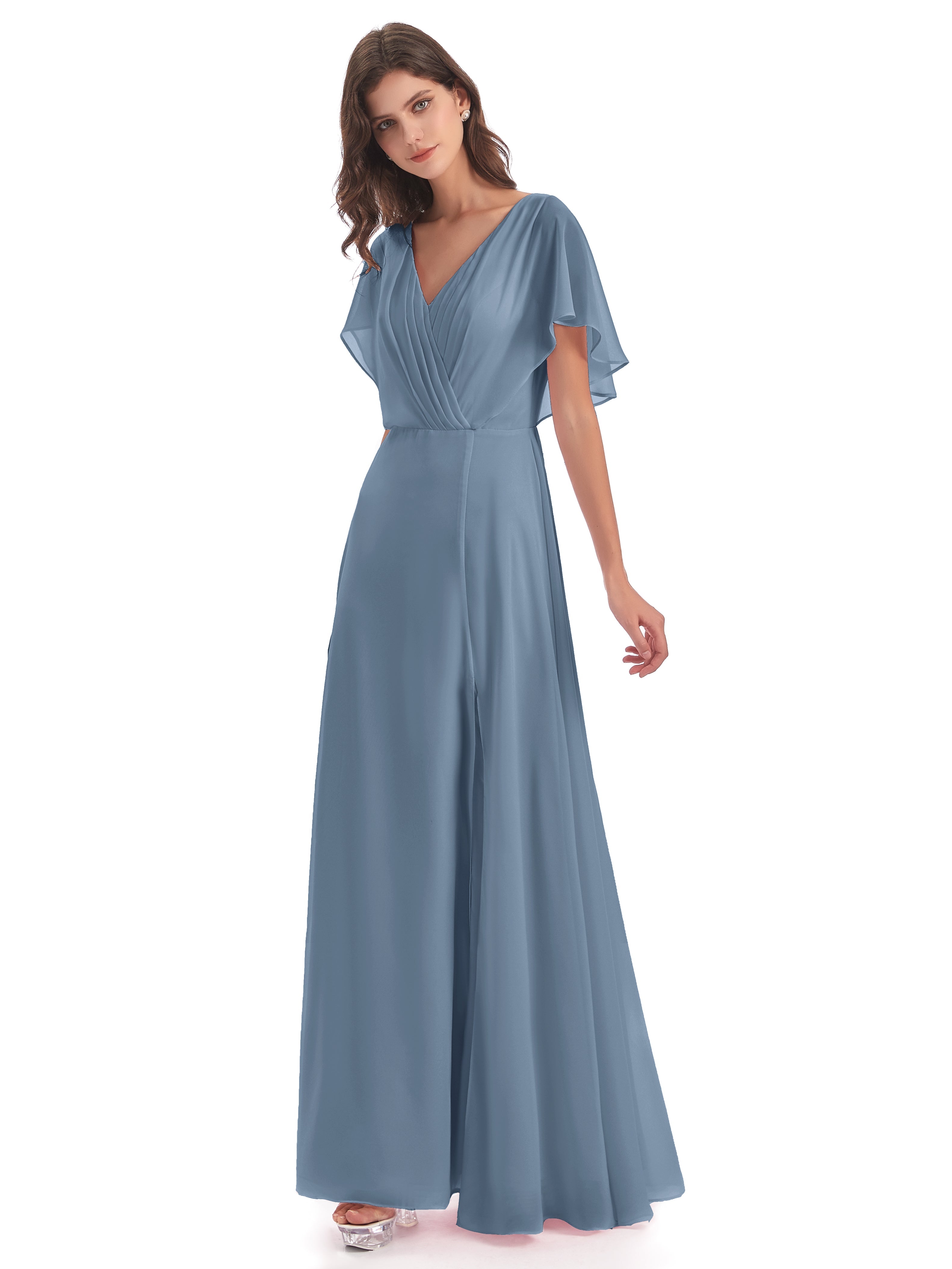 Robes De Demoiselle D'Honneur Bleu De Schiste Dos Ouvert Fendue Devant Robes Demoiselle D'Honneur