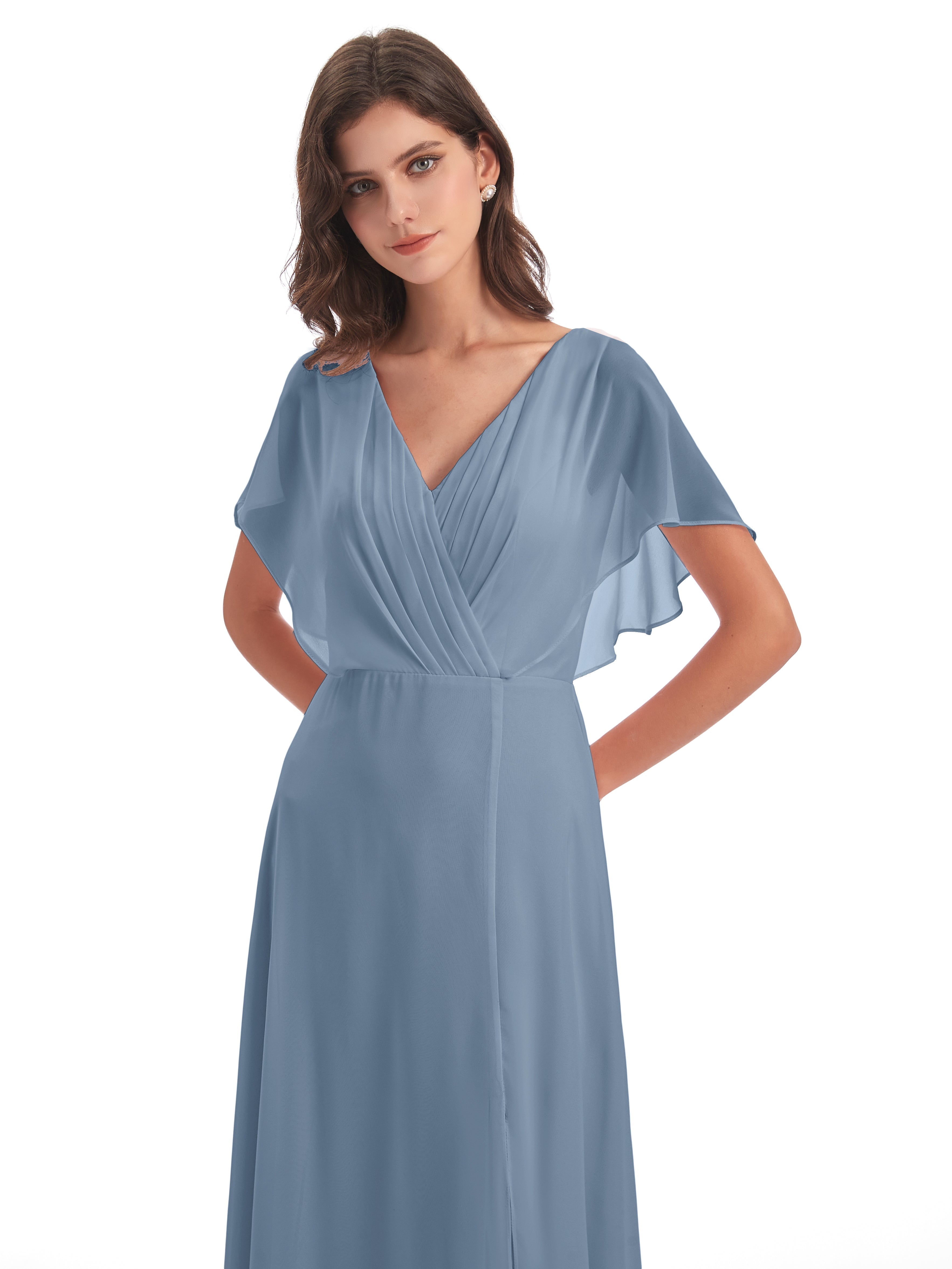 Robes De Demoiselle D'Honneur Bleu De Schiste Dos Ouvert Fendue Devant Robes Demoiselle D'Honneur