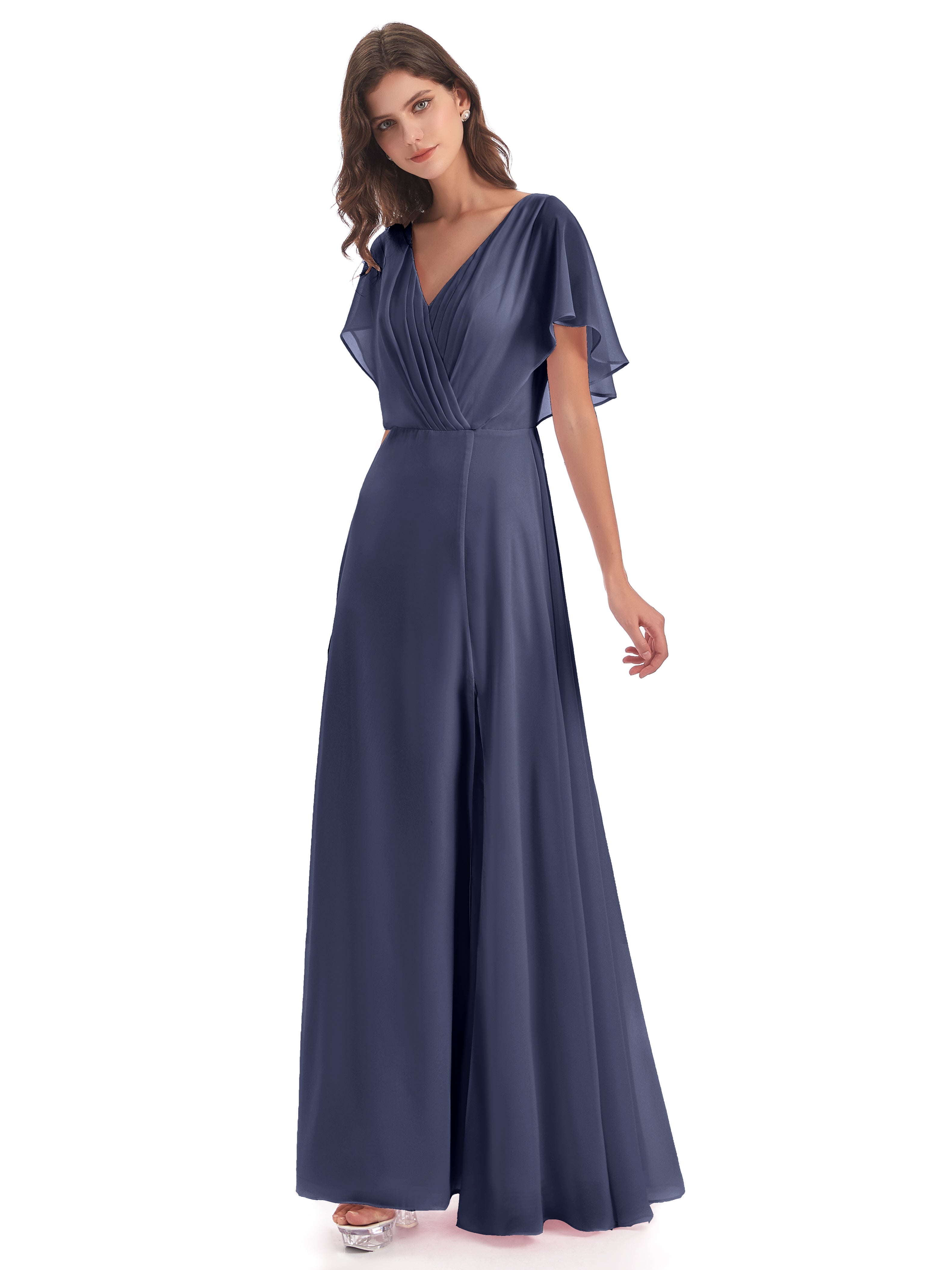 Robes De Demoiselle D'Honneur Bleu Orageux Dos Ouvert Fendue Devant Robes Demoiselle D'Honneur