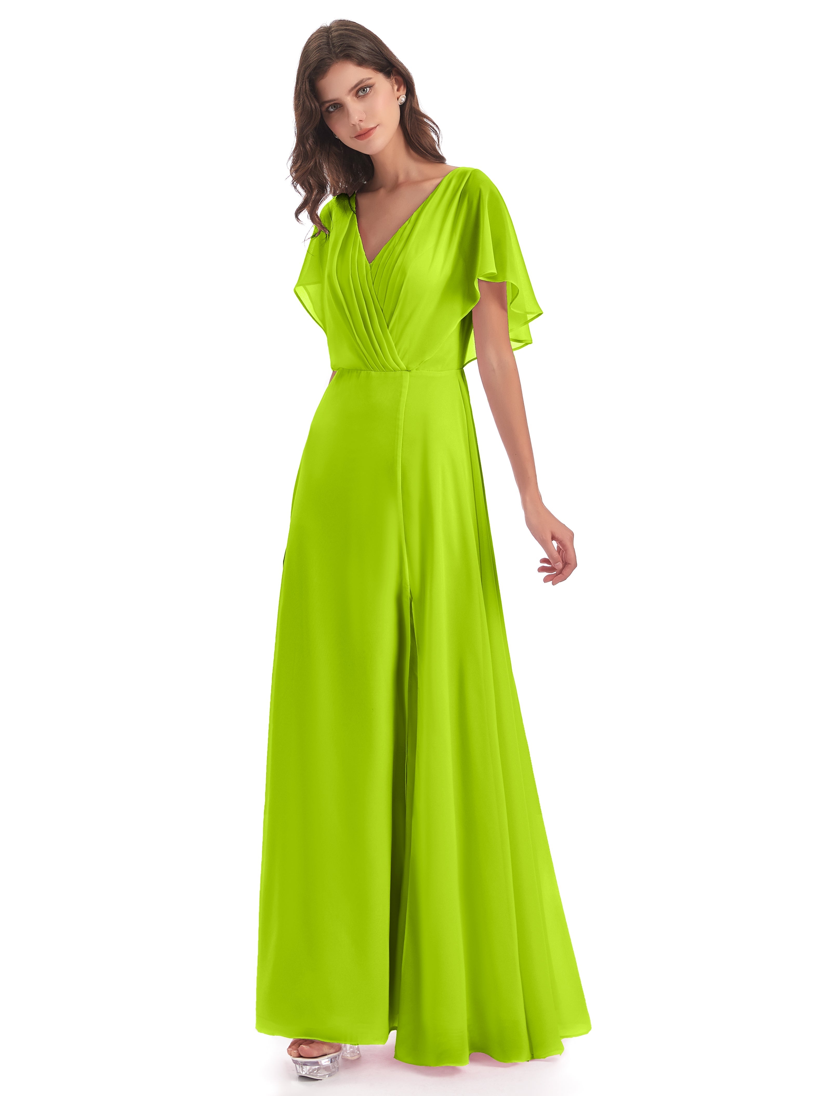 Robes De Demoiselle D'Honneur Vert Citron Dos Ouvert Fendue Devant Robes Demoiselle D'Honneur