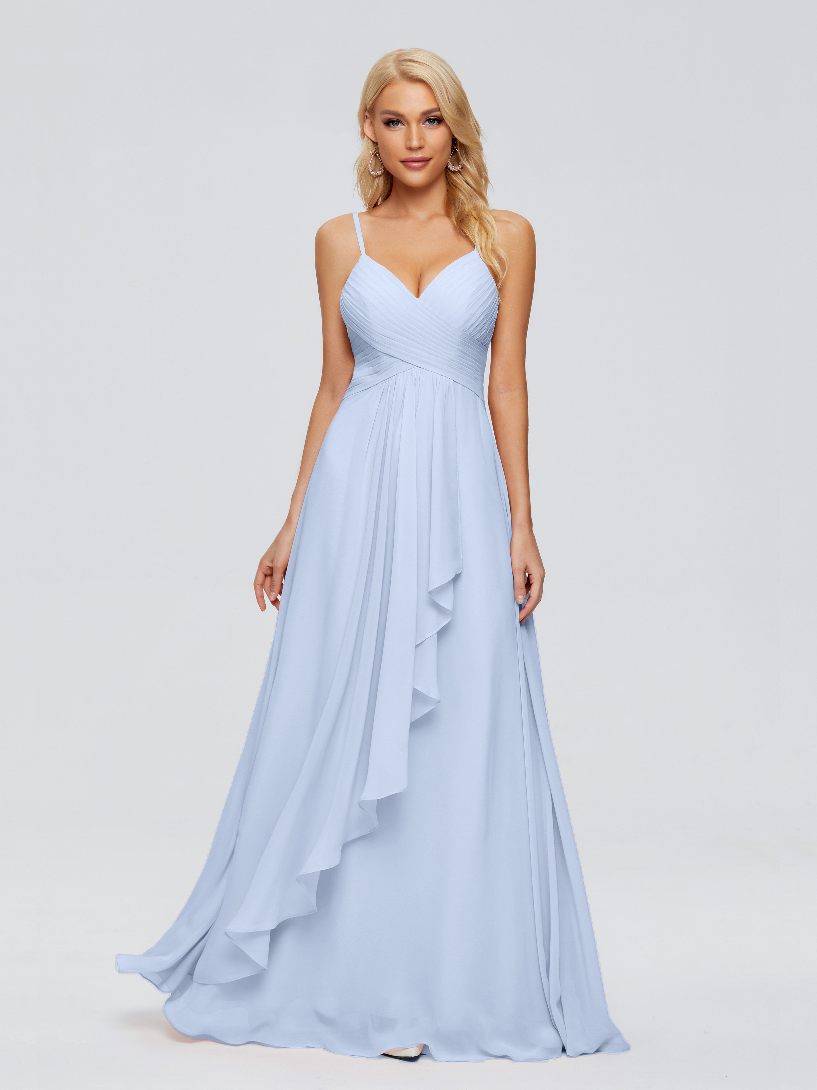 Demoiselle D Honneur Bleu Ciel Trapèze Bretelles Spaghetti Mousseline Robes Demoiselle D'Honneur