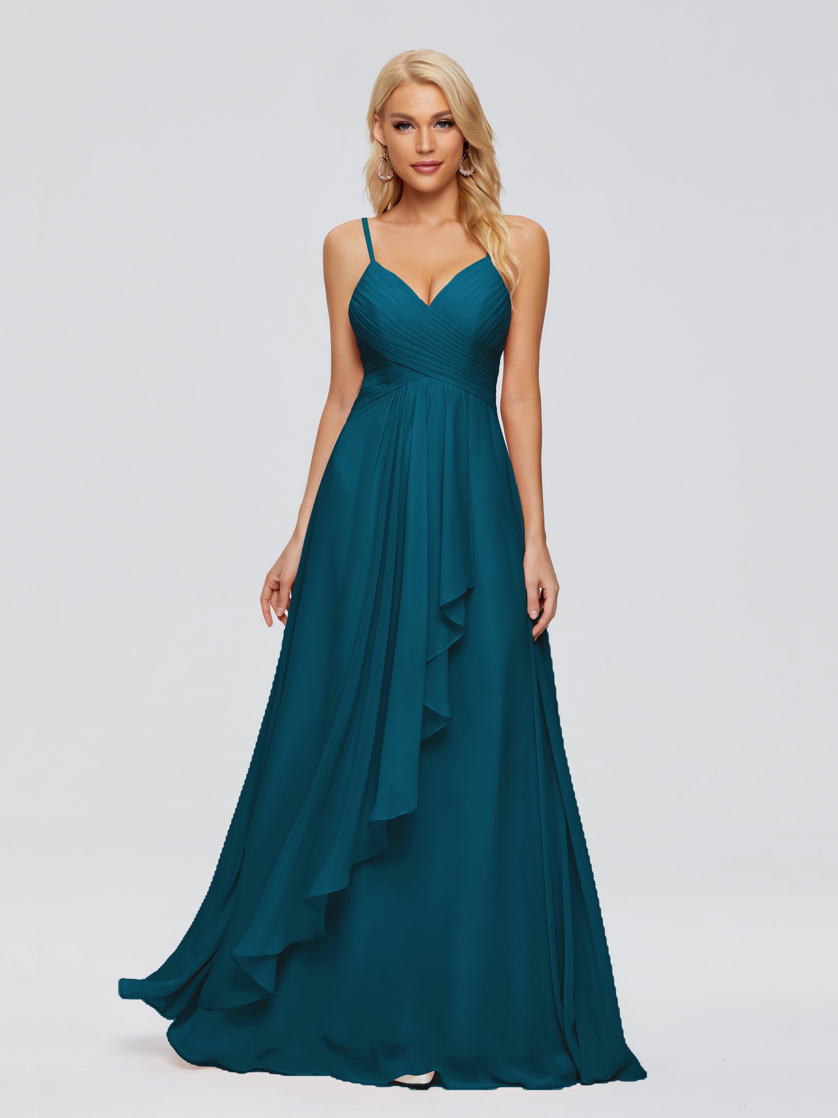 Robe De Demoiselle D'Honneur Bleu Encre Trapèze Bretelles Spaghetti Mousseline Robes Demoiselle D'Honneur