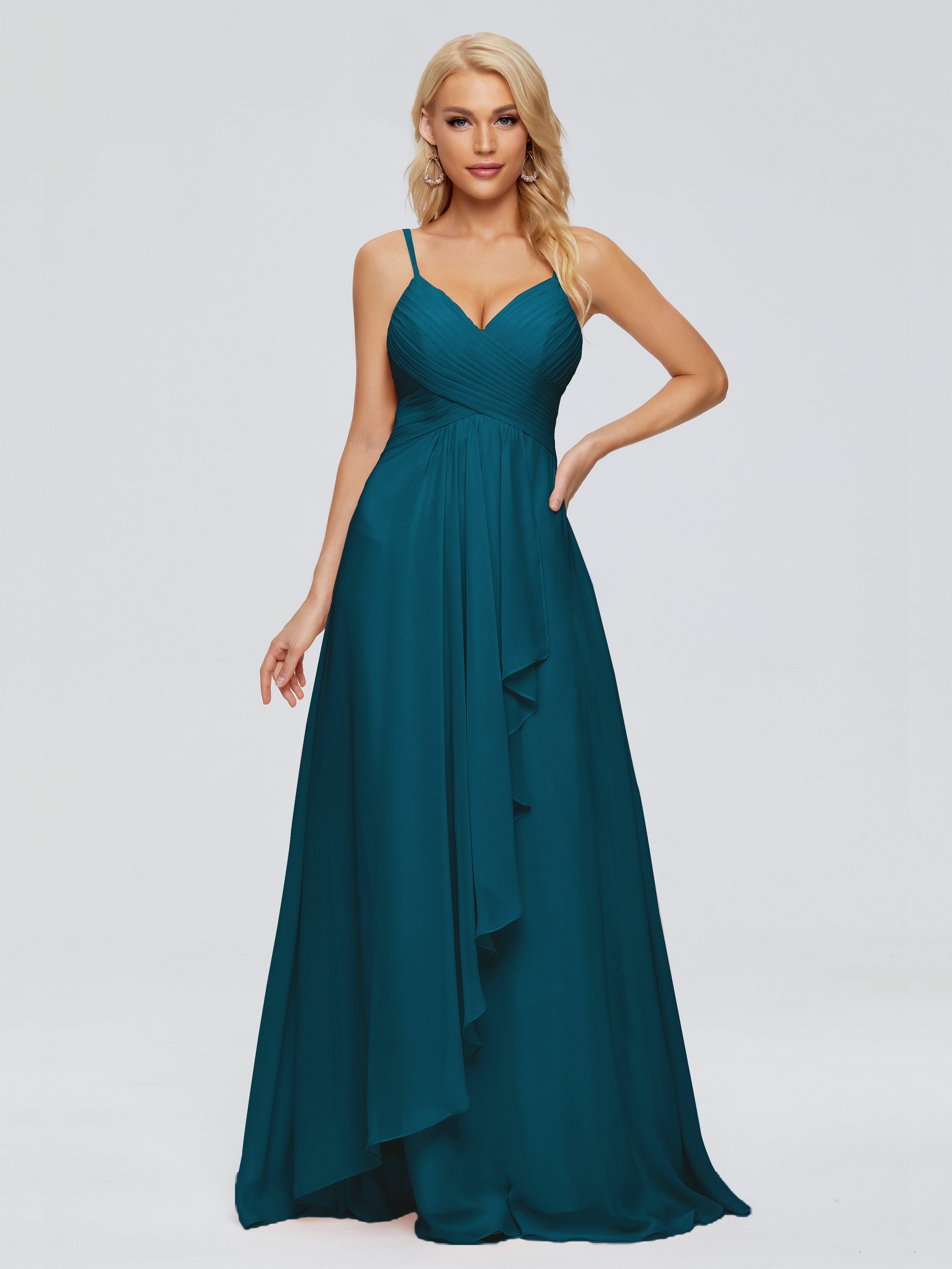 Robe De Demoiselle D'Honneur Bleu Encre Trapèze Bretelles Spaghetti Mousseline Robes Demoiselle D'Honneur