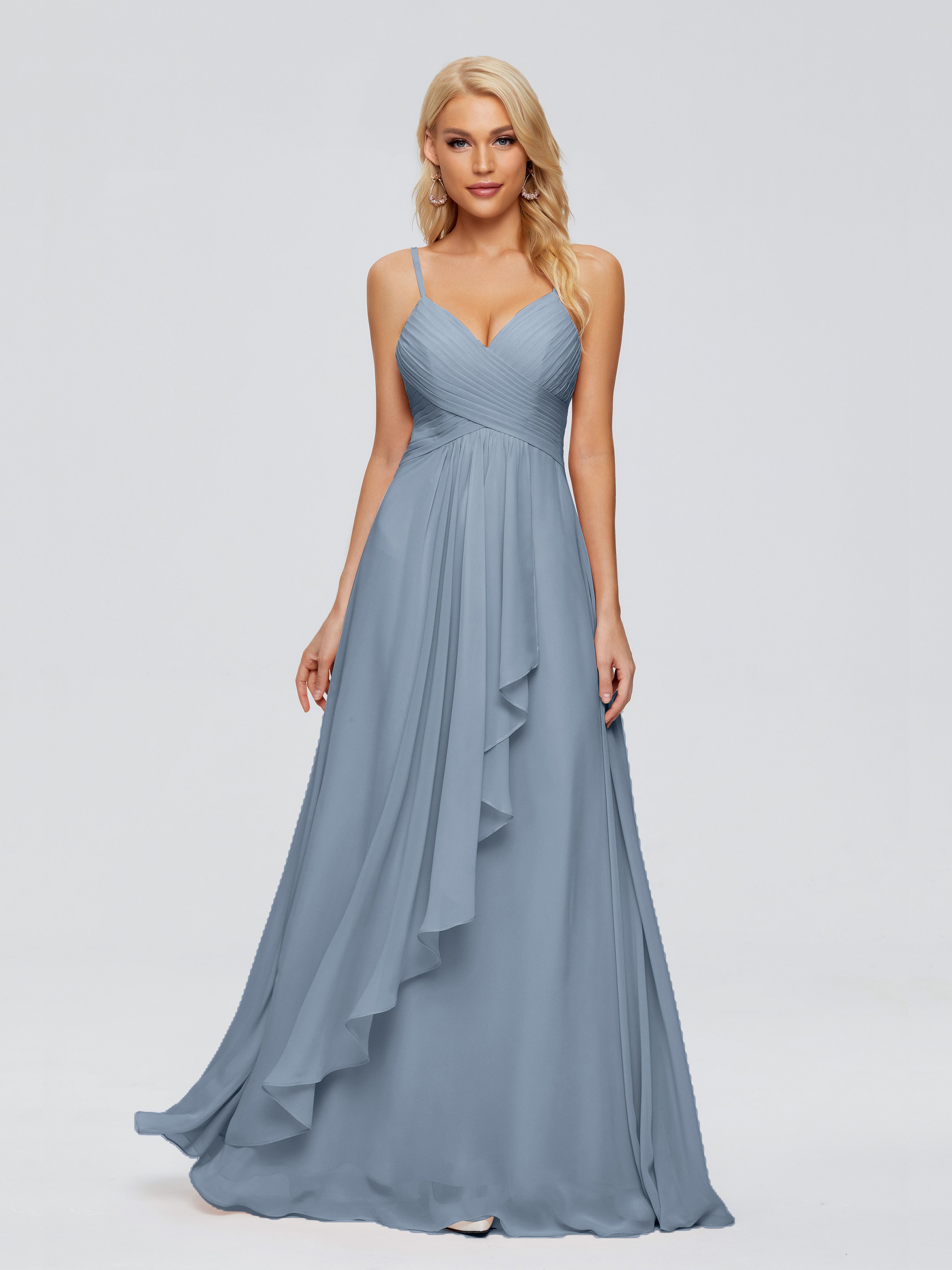 Robes De Demoiselle D'Honneur Bleu Poussiéreux Trapèze Bretelles Spaghetti Mousseline Robes Demoiselle D'Honneur