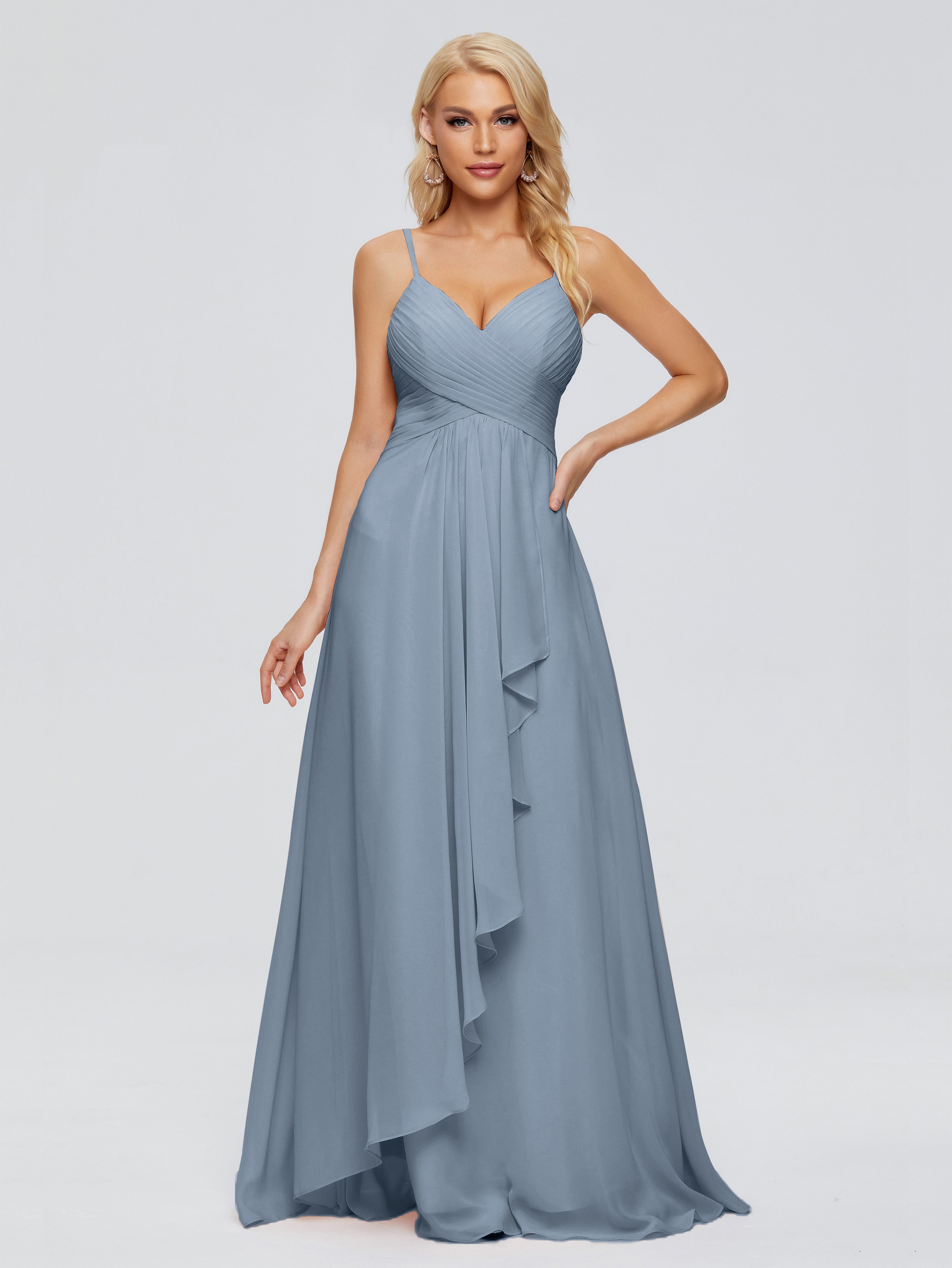 Robes De Demoiselle D'Honneur Bleu Poussiéreux Trapèze Bretelles Spaghetti Mousseline Robes Demoiselle D'Honneur