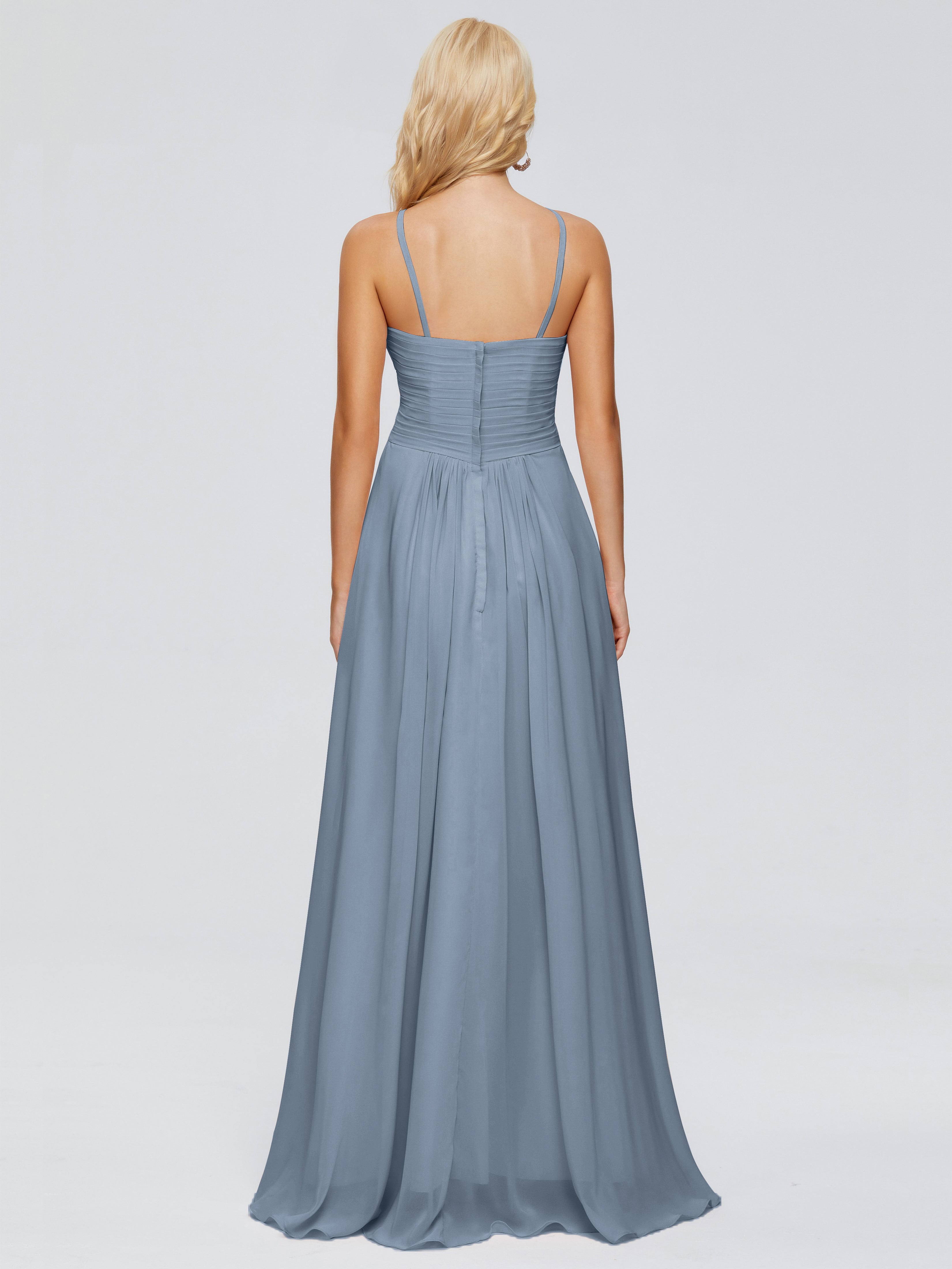 Robes De Demoiselle D'Honneur Bleu Poussiéreux Trapèze Bretelles Spaghetti Mousseline Robes Demoiselle D'Honneur