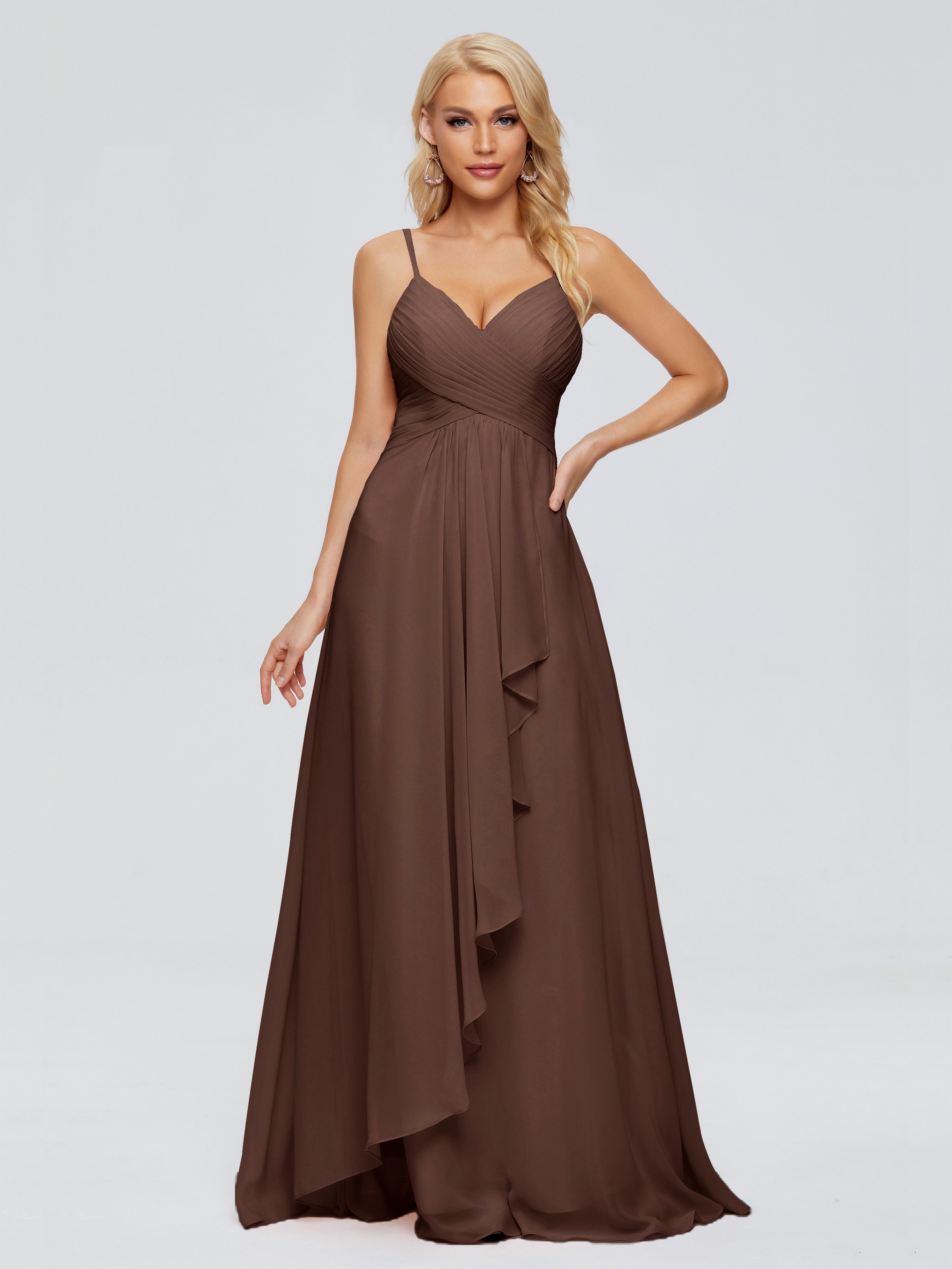 Robe Demoiselle D Honneur Marron Chocolat Trapèze Bretelles Spaghetti Mousseline Robes Demoiselle D'Honneur