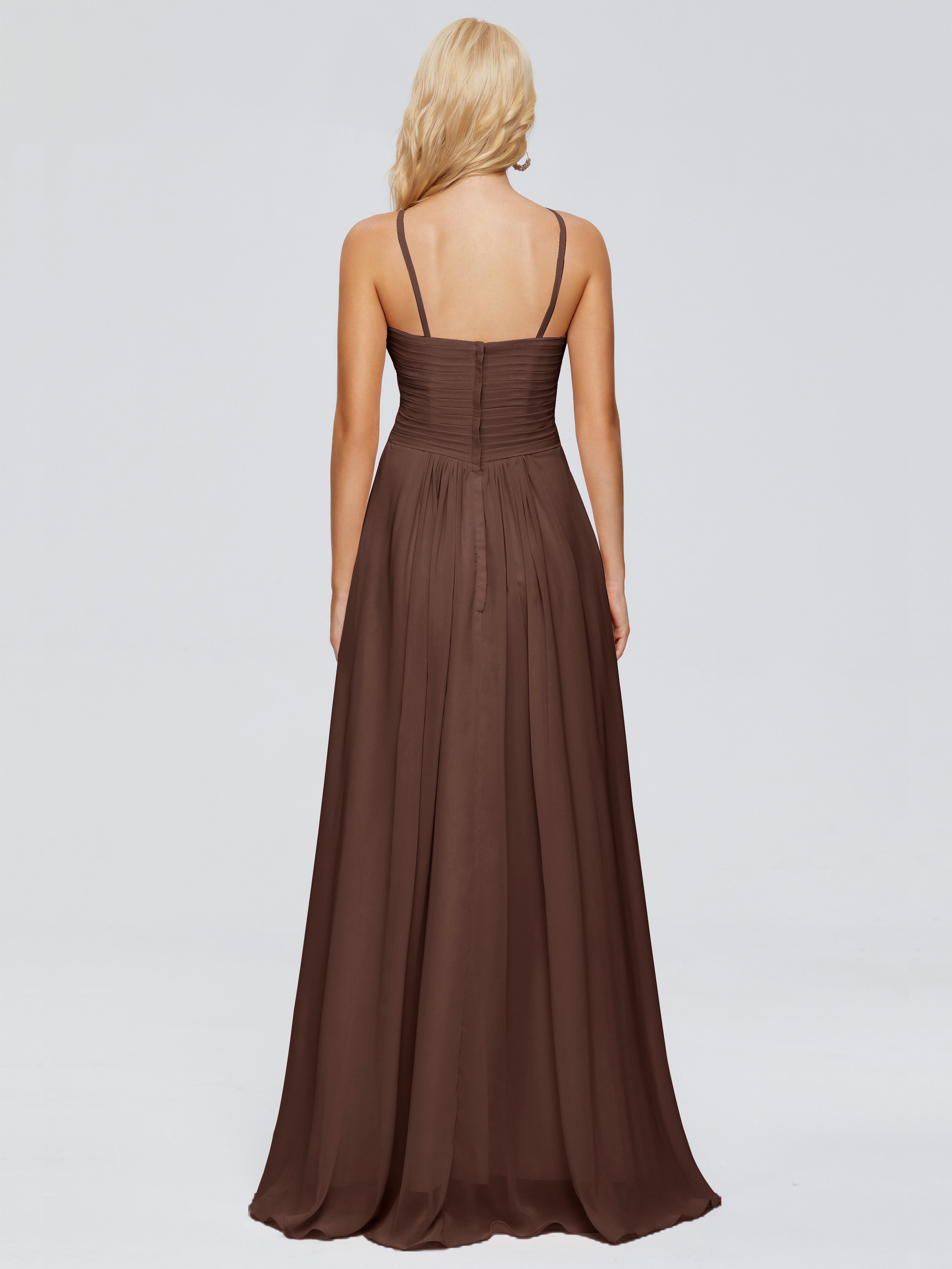 Robe Demoiselle D Honneur Marron Chocolat Trapèze Bretelles Spaghetti Mousseline Robes Demoiselle D'Honneur