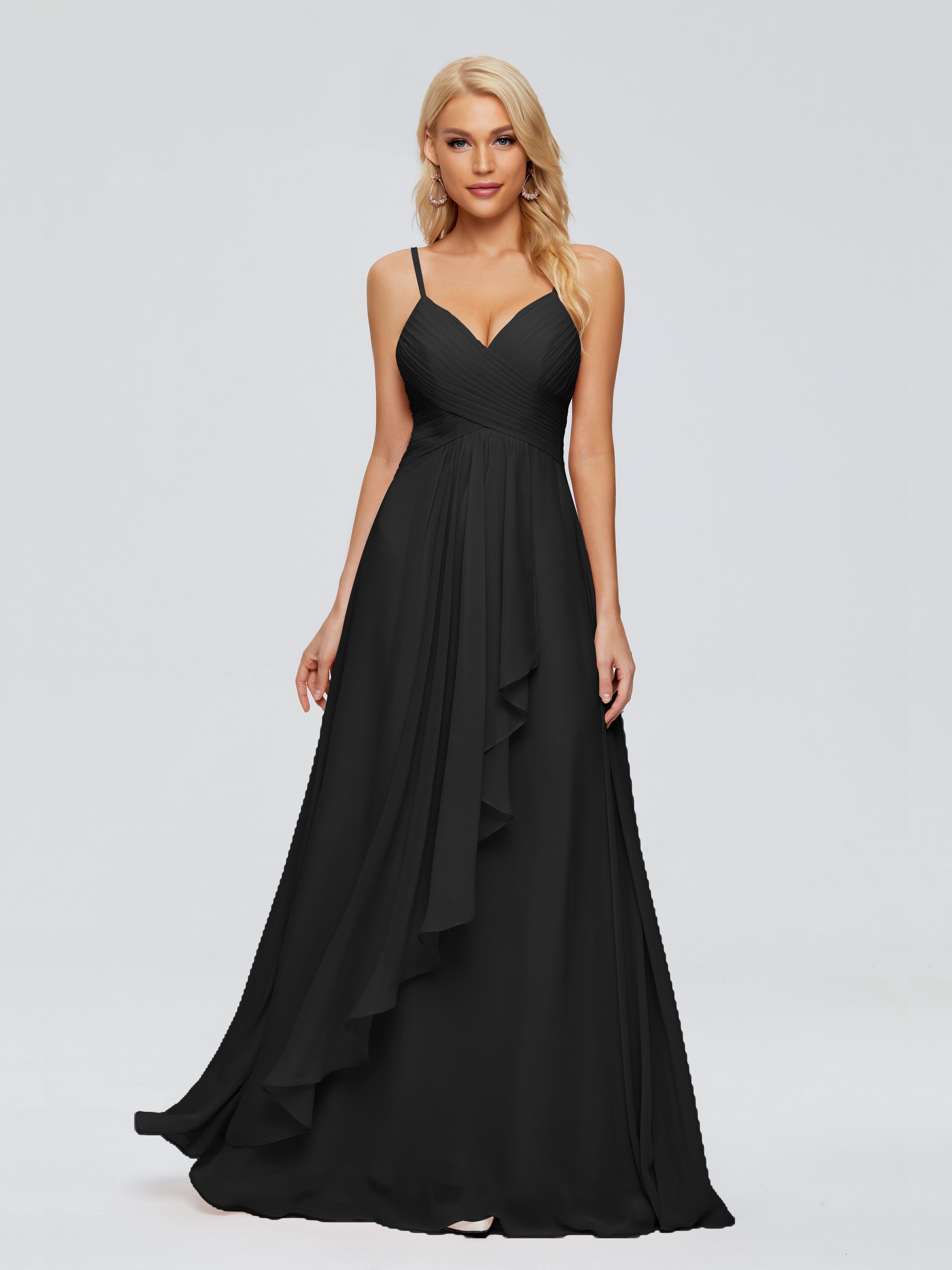Robes De Demoiselle D'Honneur Noires Trapèze Bretelles Spaghetti Mousseline Robes Demoiselle D'Honneur